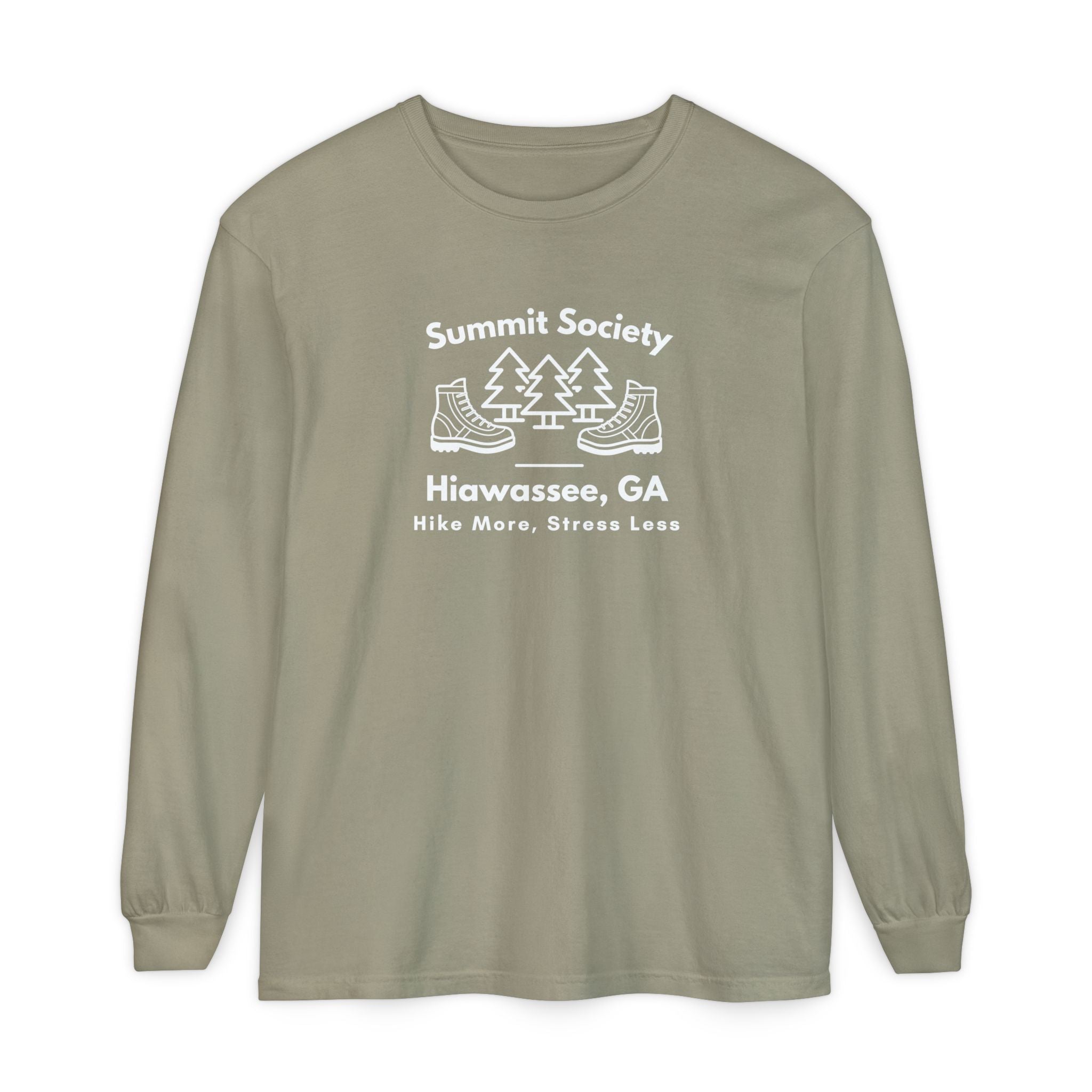 Long-sleeve t-shirt, 'Summit Society Hiawassee, GA Hike More, Stress Less' printed on the front.