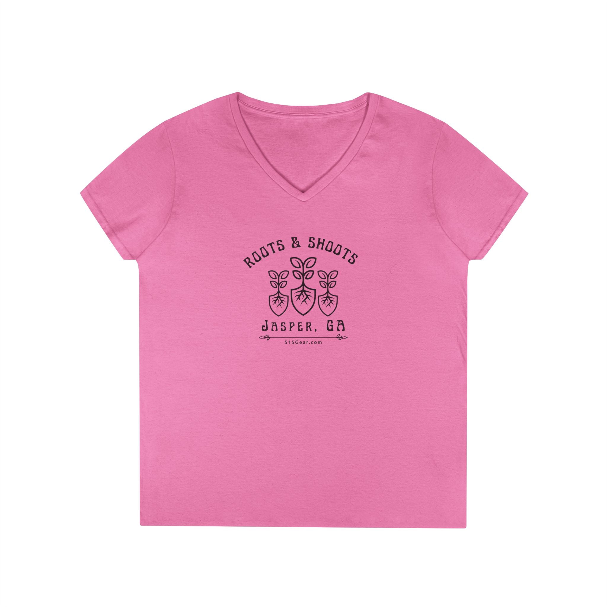 Women’s V-Neck T-shirt, Roots & Shoots, Garden shovel root leaf graphic, 515Gear.com | Jasper, GA | celebrate gardening