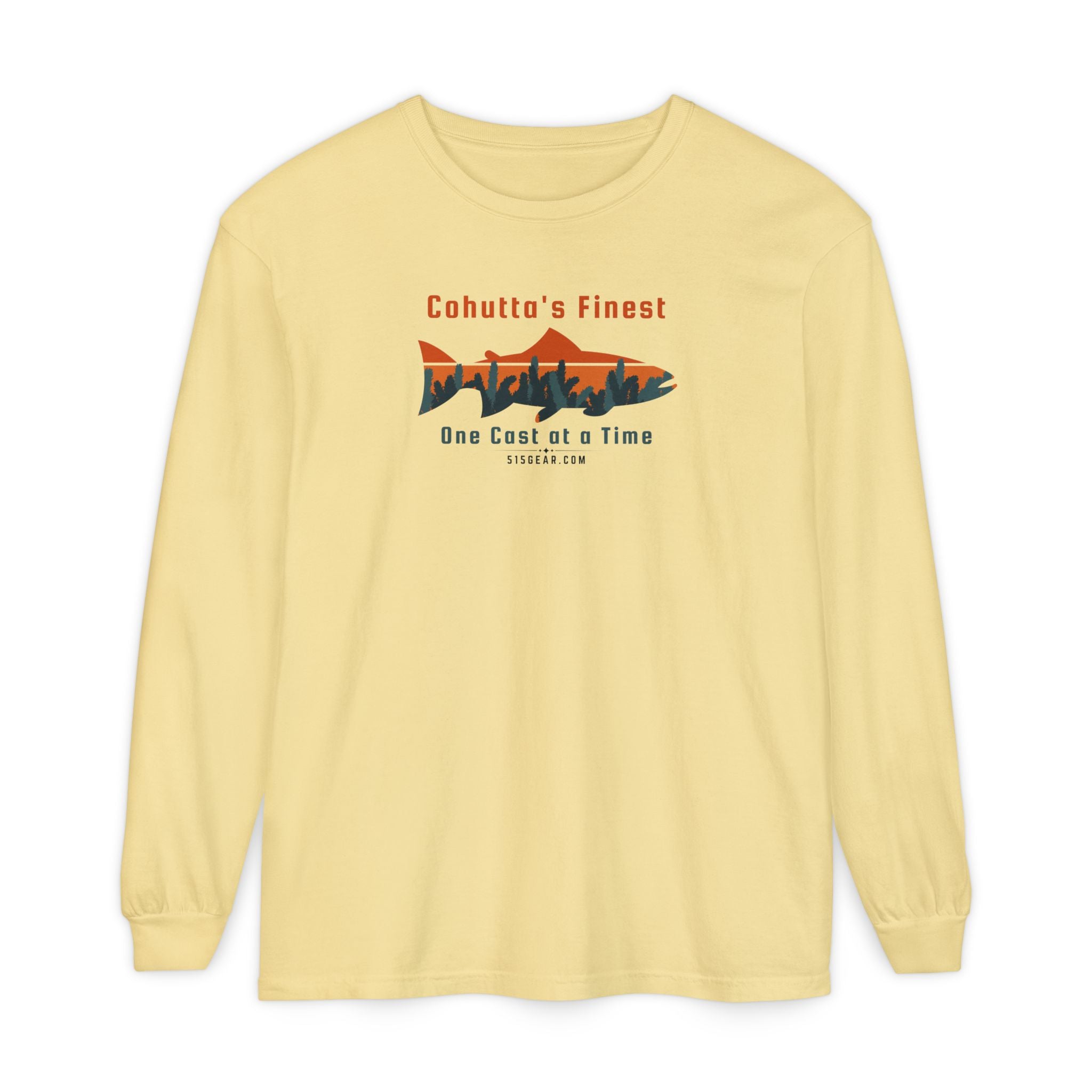 Yellow long-sleeve shirt with a fishing-themed design saying Cohutta's finest One Cast at a Time by 515Gear.com