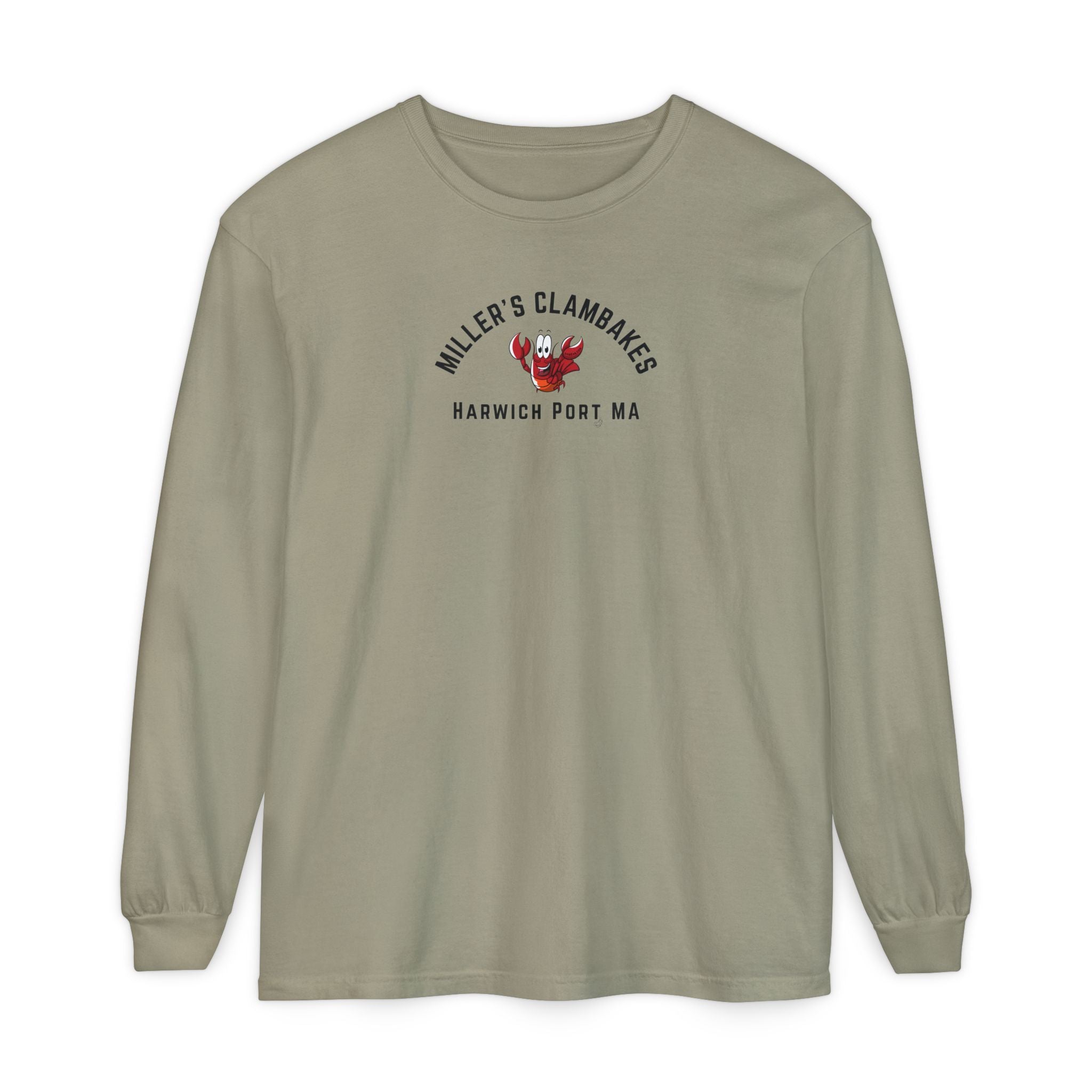 Khaki long-sleeve shirt with a happy lobster graphic and text "Miller's Clambakes Harwich Port, MA"