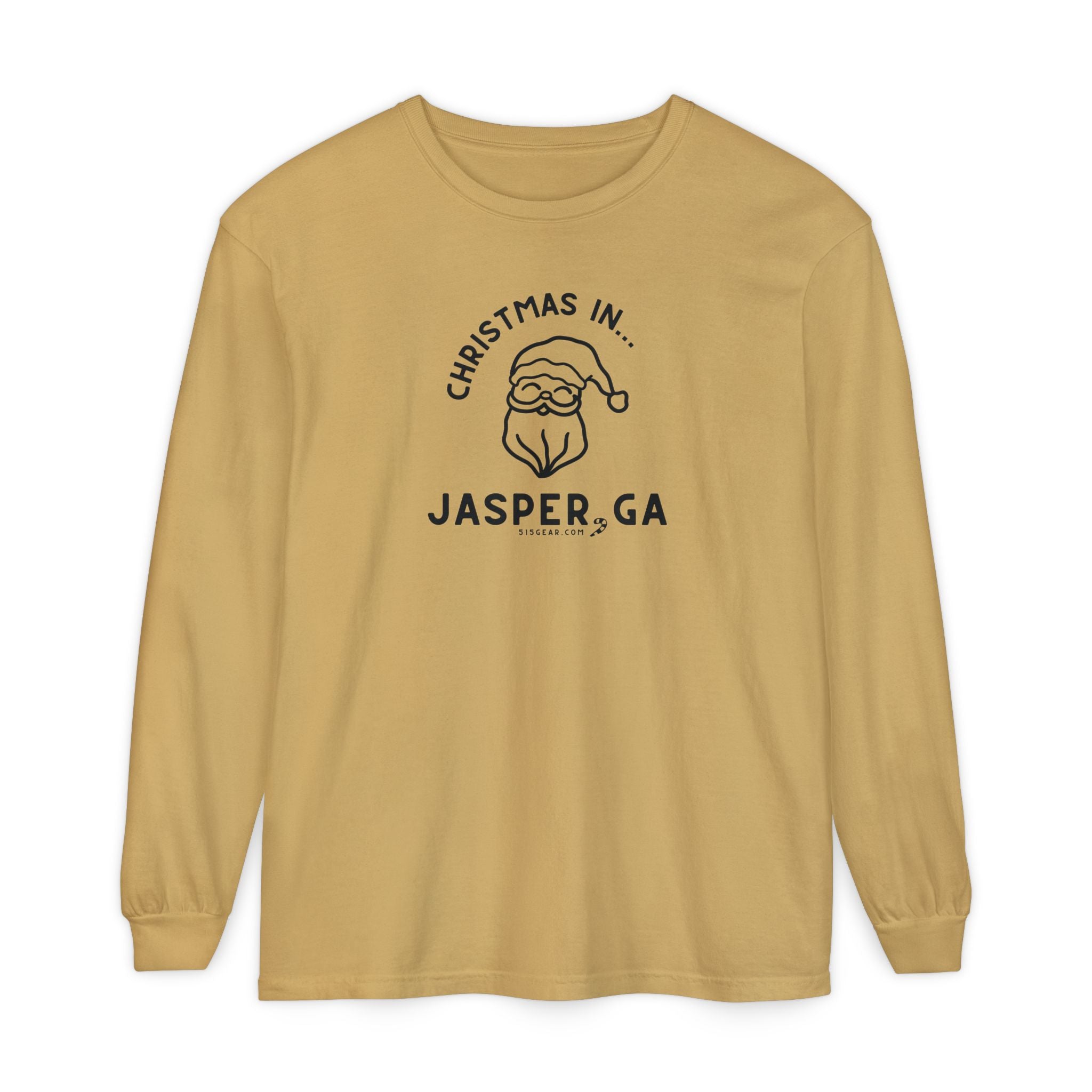 Mustard Comfort Colors Long Sleeve Tee with red Santa Claus graphic and "Jasper, GA" text by 515Gear.com