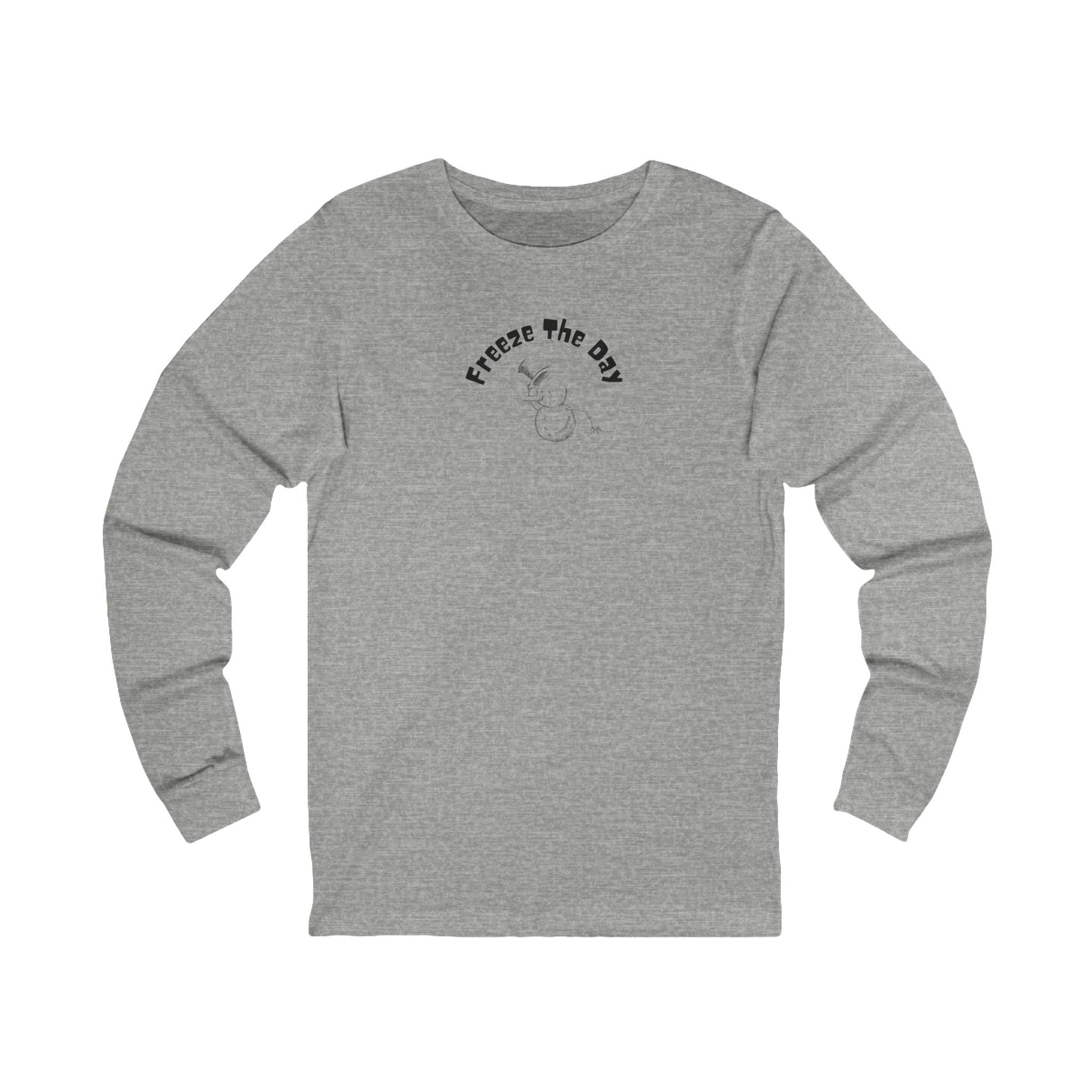 Gray long-sleeve shirt with a snowman tipping a hat and text "Freeze the Day" by 515Gear.com