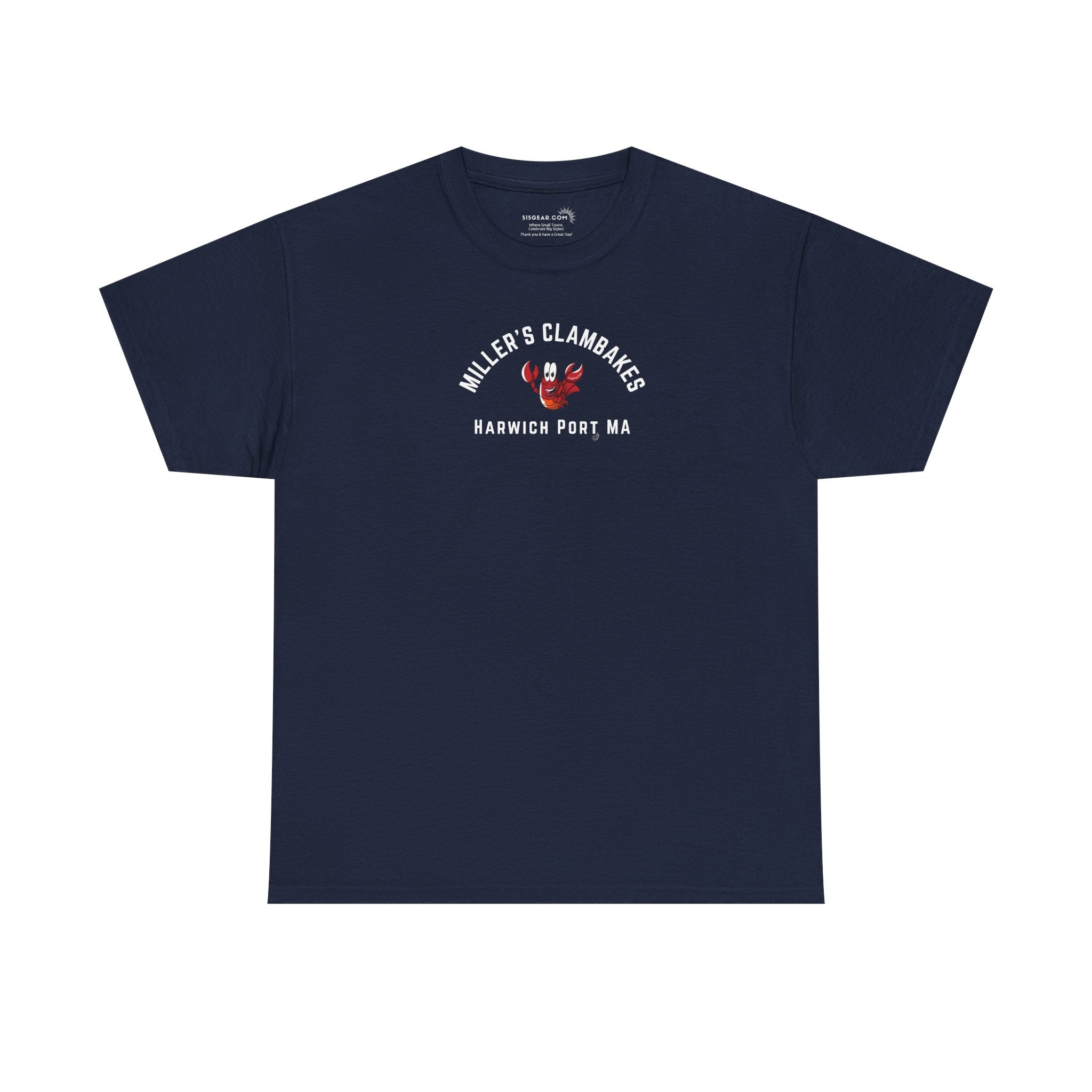 Navy blue t-shirt with happy lobster graphic and text 'Miller's Clambakes Harwich Port, MA'