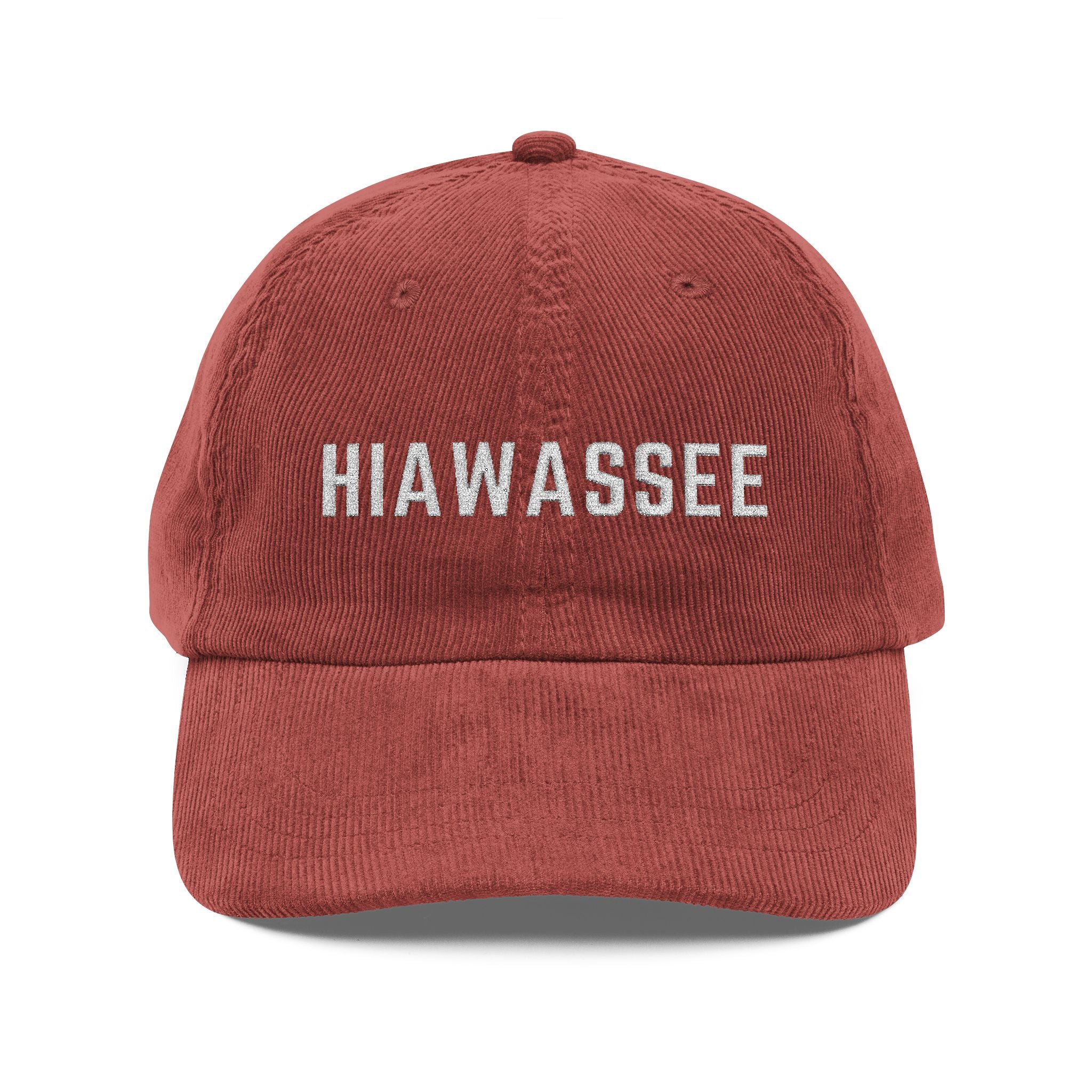 Red Burgundy corduroy hat with Hiawassee embroidered in white by 515Gear.com