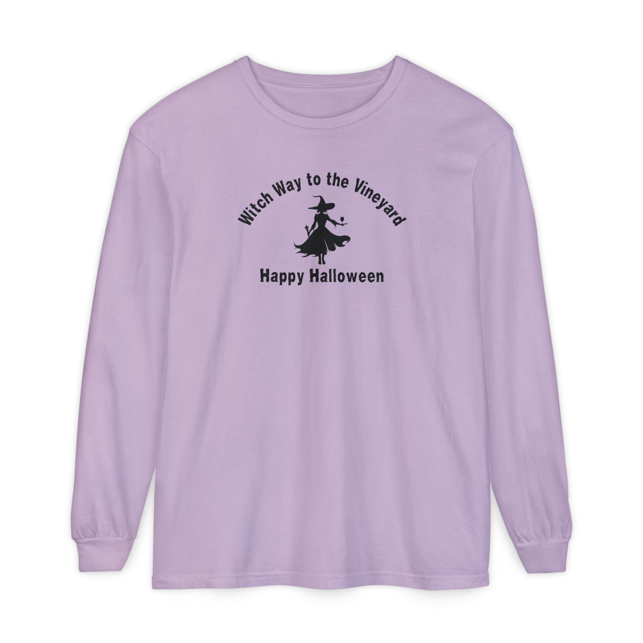 Purple long-sleeve unisex comfort color t-shirt with halloween witch graphic holding a wine glass and text "Witch Way to the Vineyard - Happy Halloween"