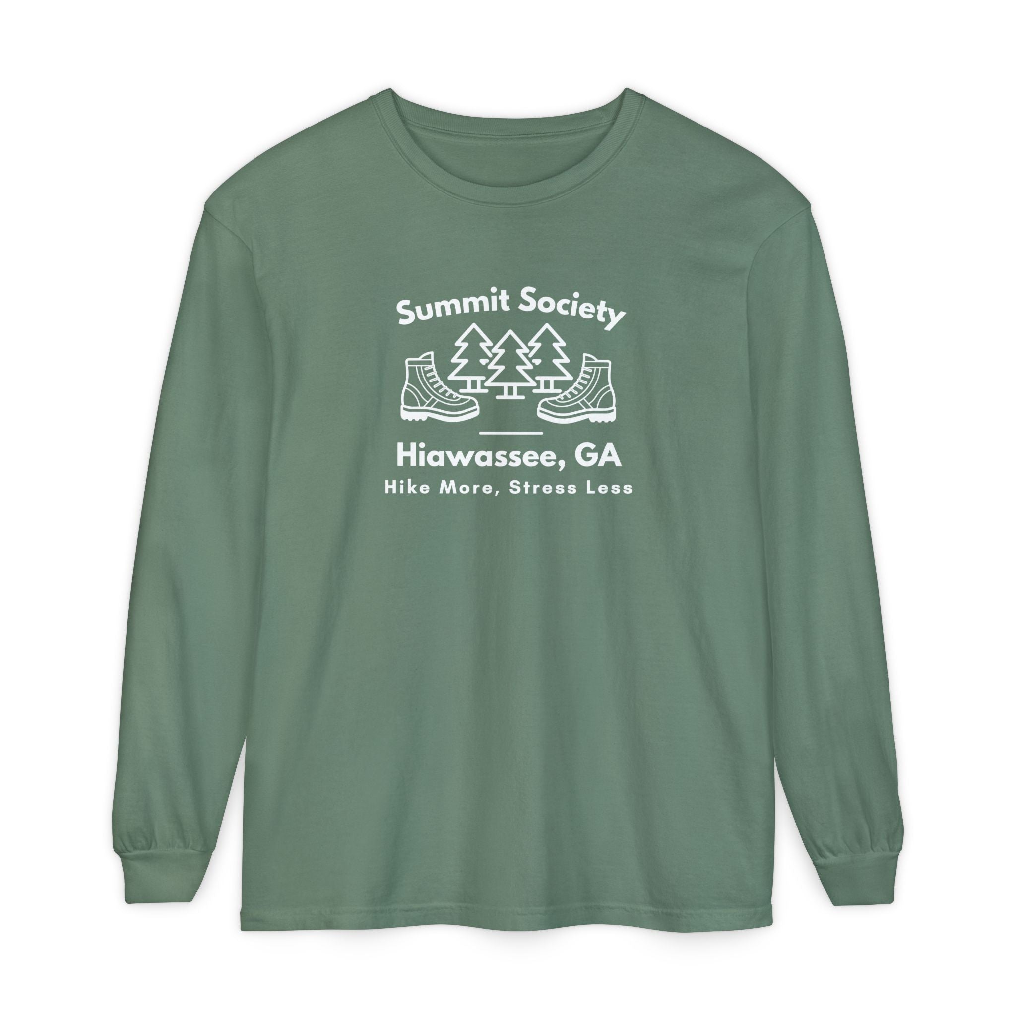Long-sleeve t-shirt, 'Summit Society Hiawassee, GA Hike More, Stress Less' printed on the front.