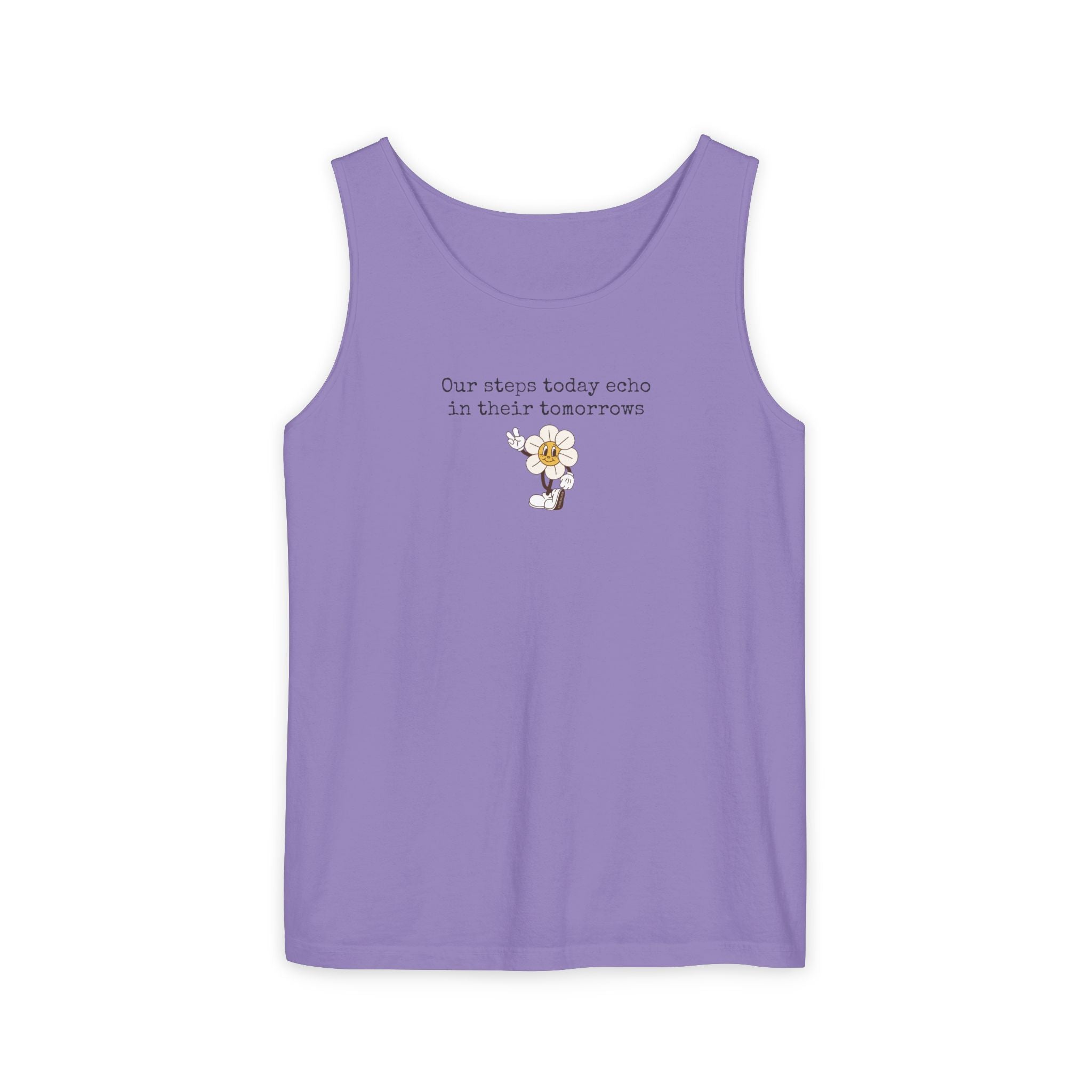 Purple tank top with text "Our steps today echo in their tomorrows" and anthropomorphic hippy flower graphic