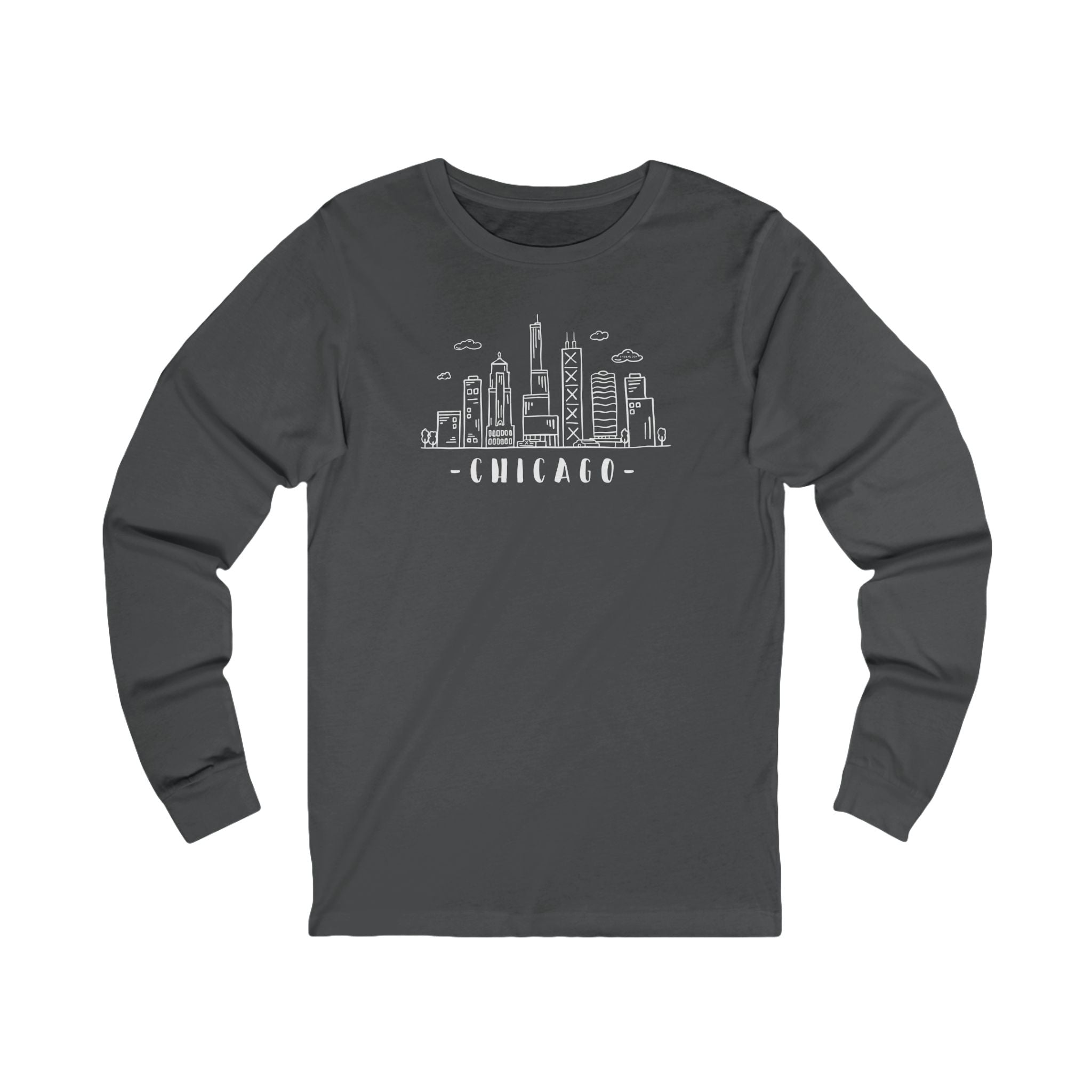 Dark gray long-sleeve shirt with Chicago skyline graphic and text "Chicago"