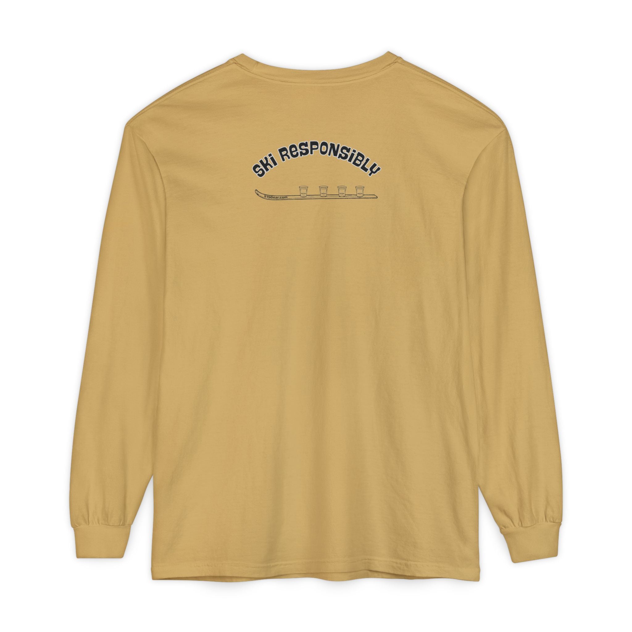 Beige long-sleeve shirt with 'Ski Responsibly' text on and shotski graphic
