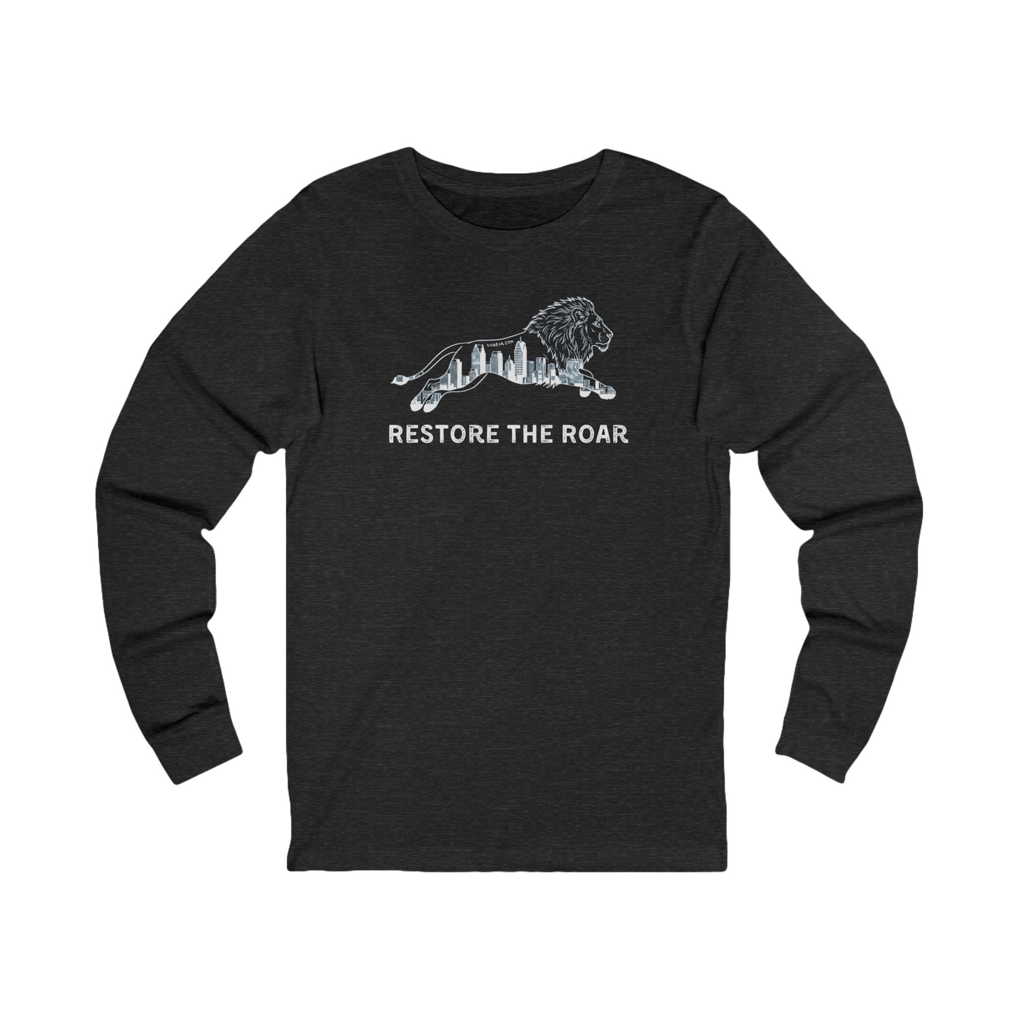 Black long-sleeve shirt with a white lion graphic and 'Restore the Roar' text on a white background