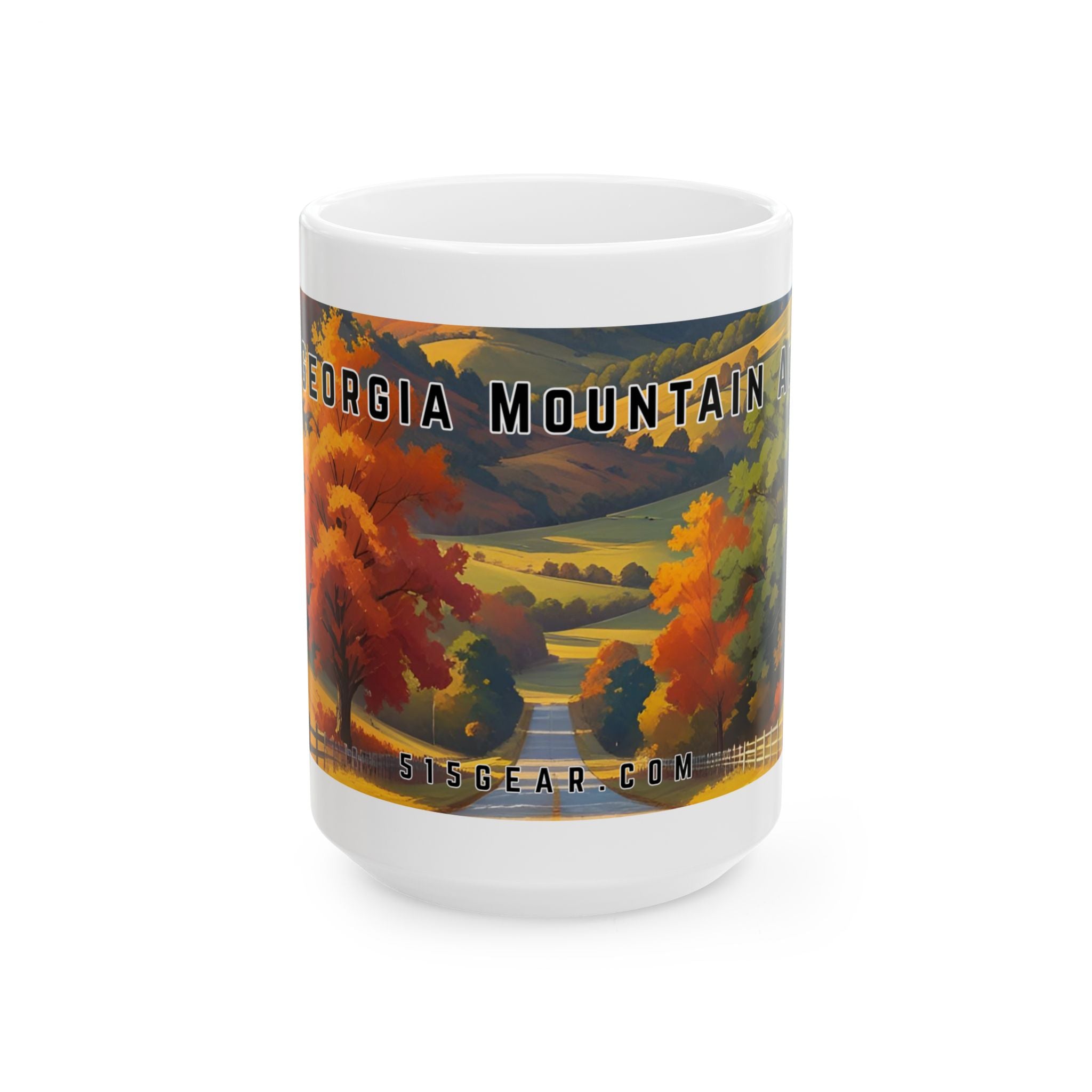 Mug with a vintage scenic design of a rural road cutting through the North Georgia Mountains in Autumn by 515Gear.com