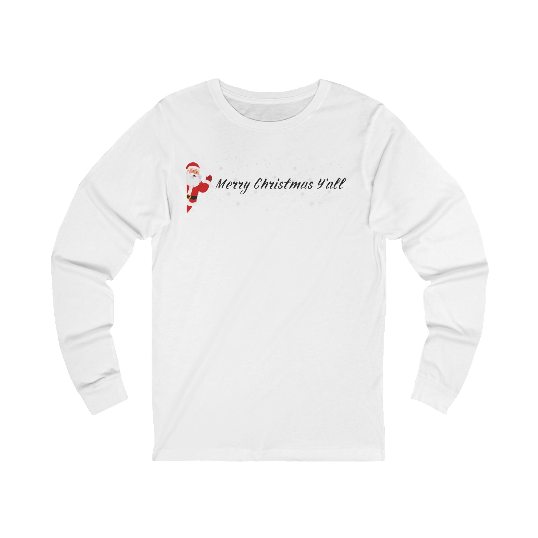 White long-sleeve shirt with Santa Claus graphic and 'Merry Christmas Y'all' text on a white background