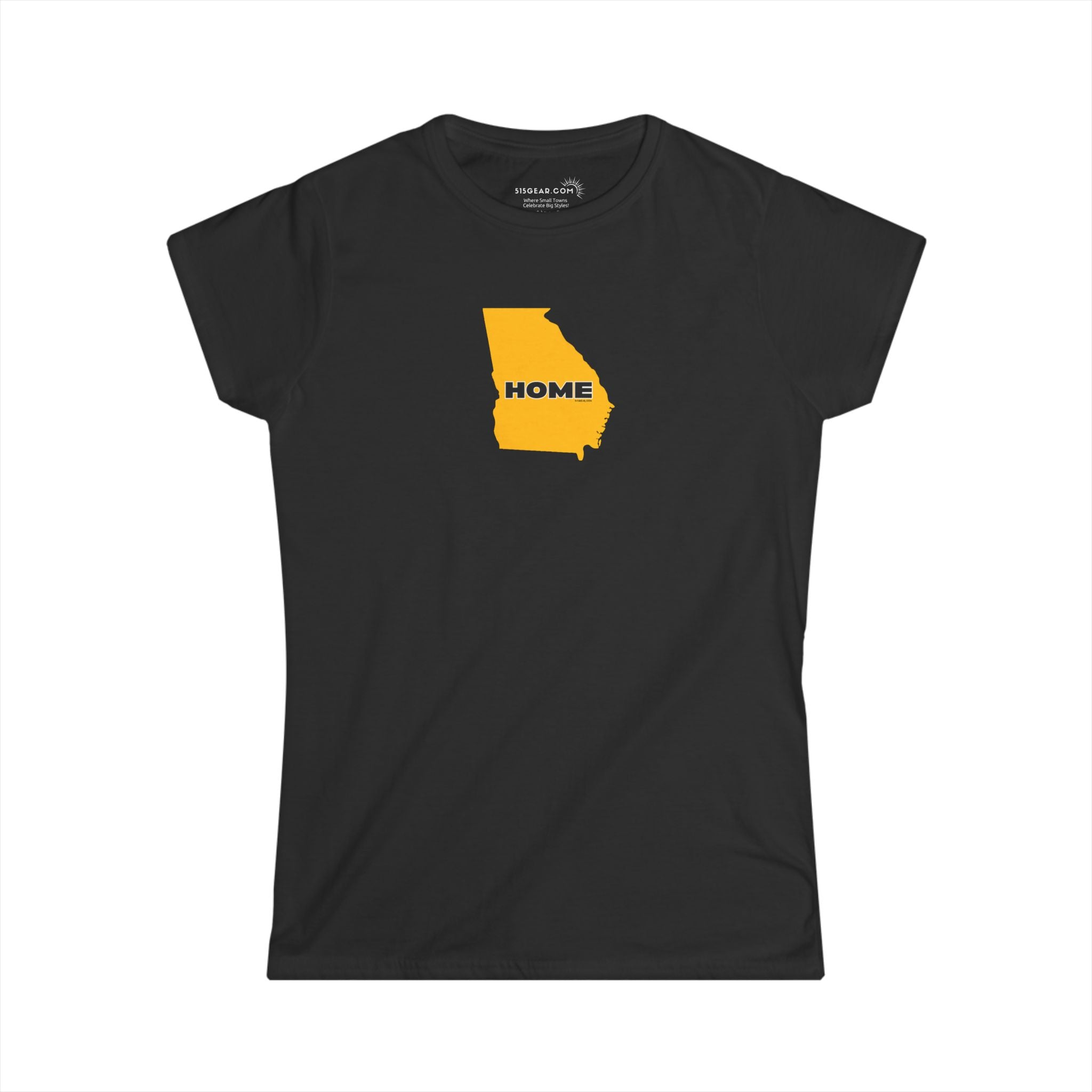 Black Women's Semi-fitted v-neck Tee with tear-away label; 100% cotton with State of Georgia graphic and text "Home" in kennesaw state university colors