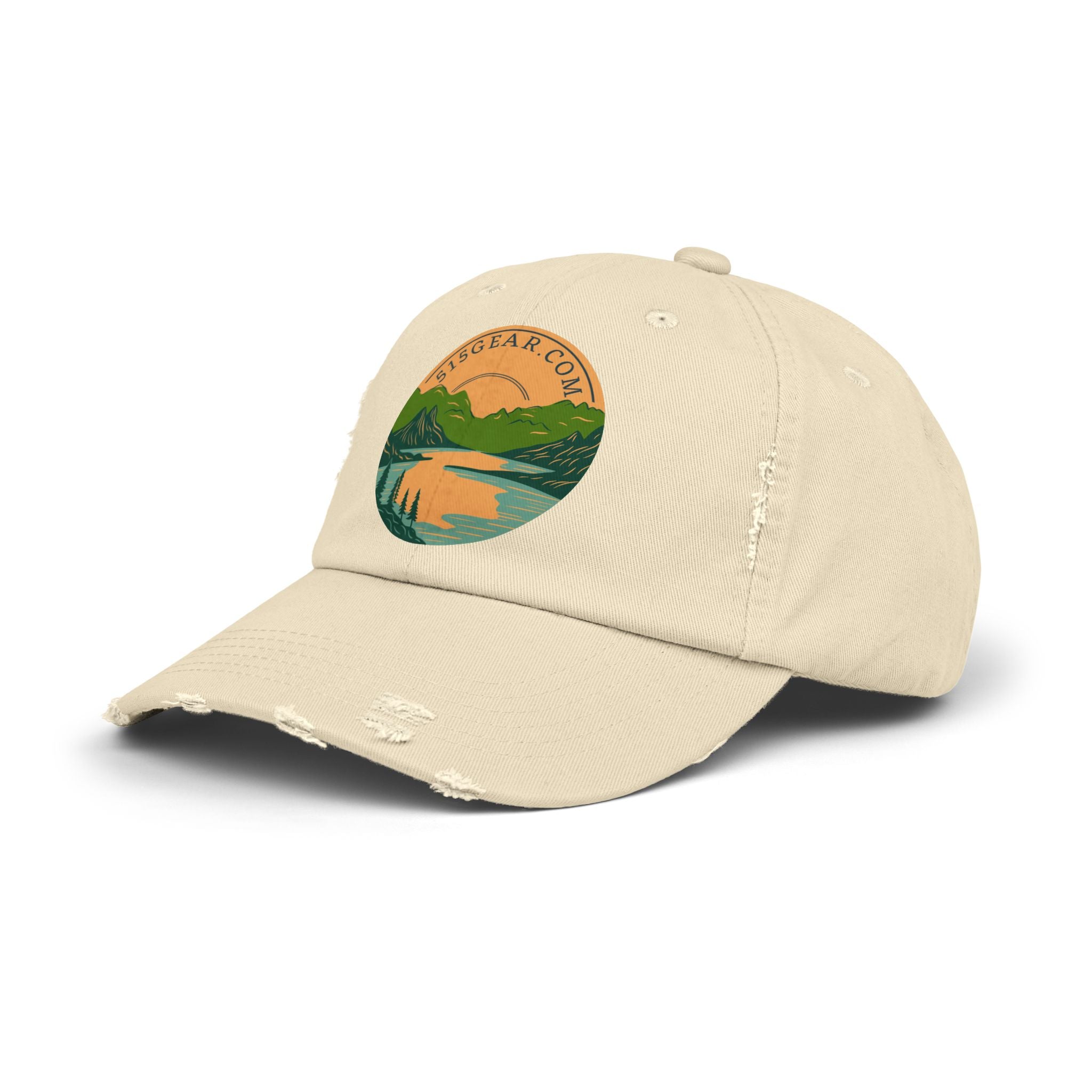 Distressed Baseball cap, 515 Gear Adventure Awaits Logo | by 515Gear.com | Come sit by the lake!
