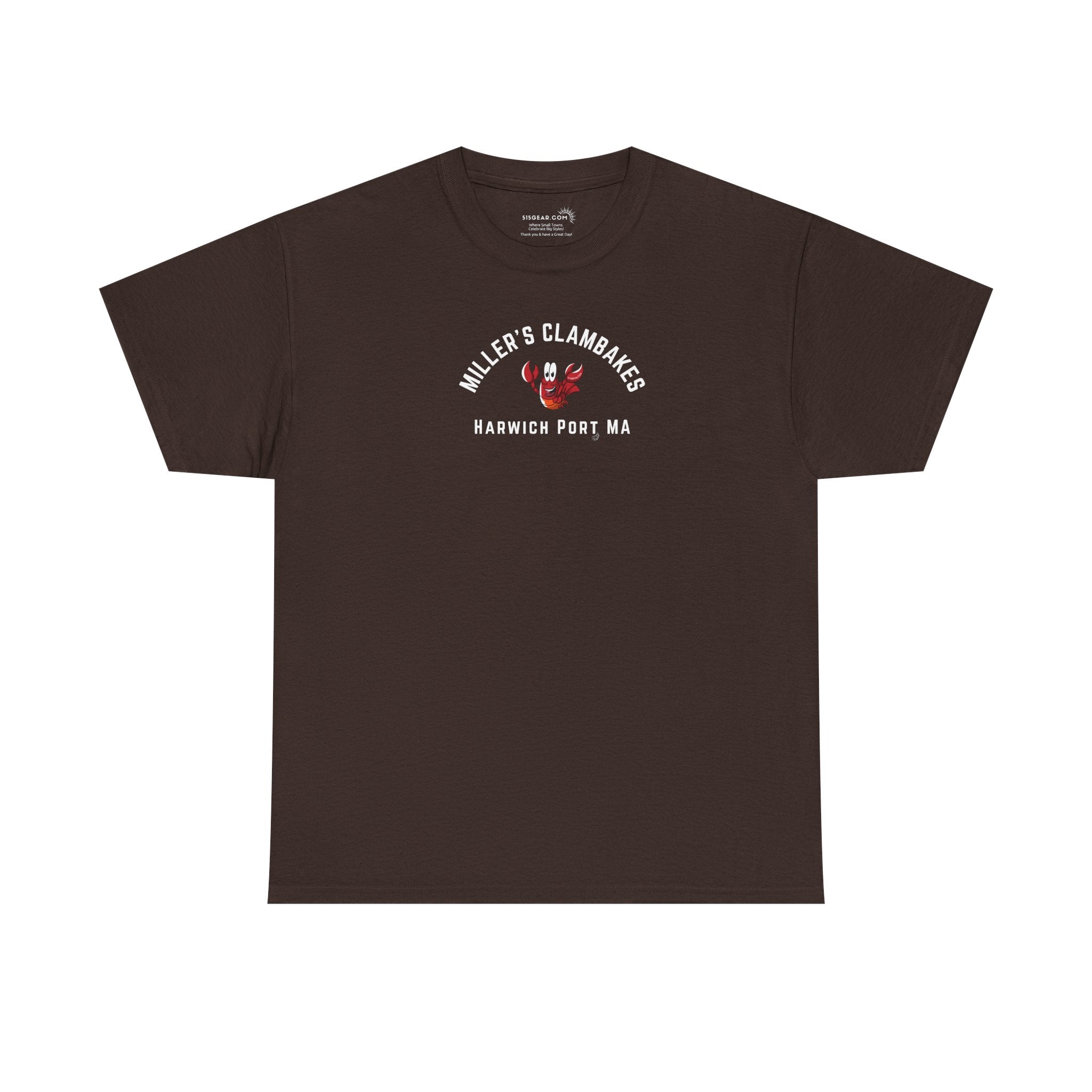 Brown t-shirt with happy lobster graphic and text 'Miller's Clambakes Harwich Port, MA'