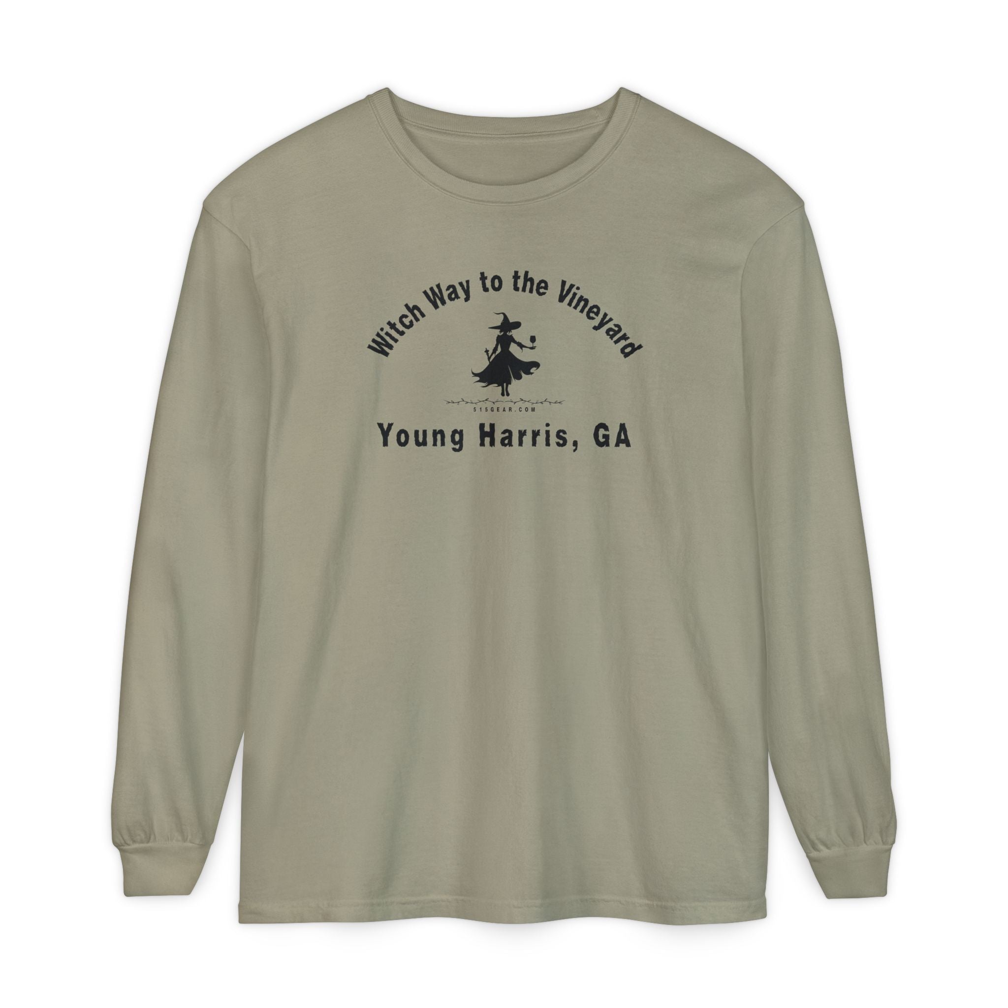 Olive long sleeve t-shirt with sassy witch graphic holding a glass of wine and text "Witch Way to the Vineyard - Young Harris GA" by 515Gear.com