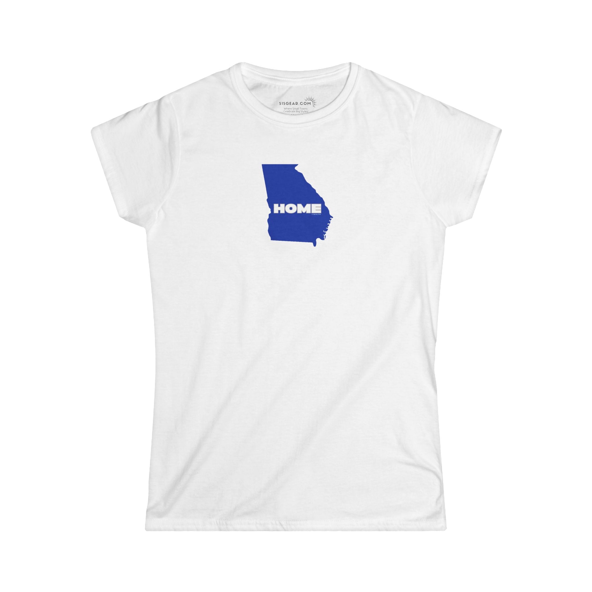 White Women's Semi-fitted v-neck Tee with tear-away label; 100% cotton with State of Georgia graphic and text "Home" in Georgia State University colors