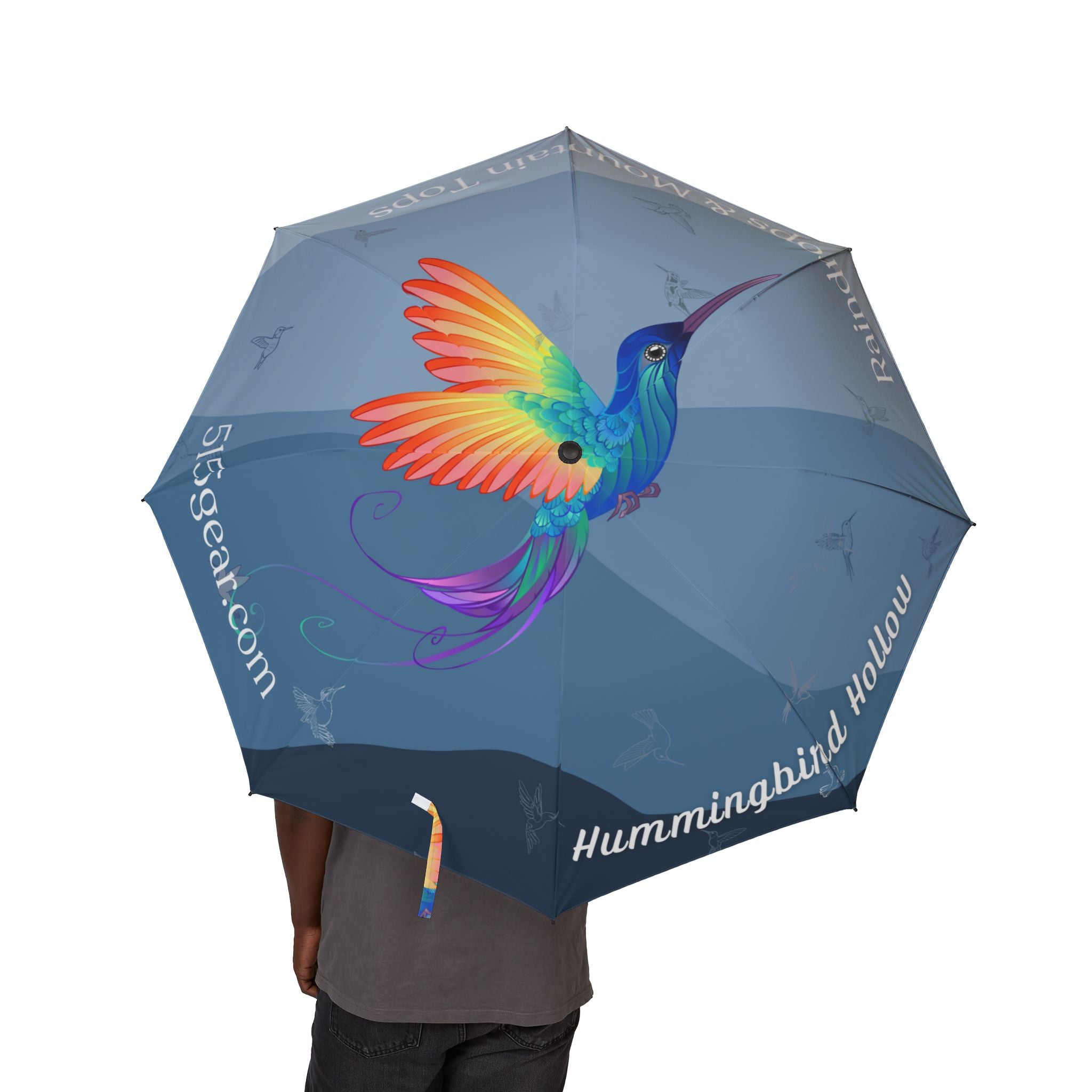 Umbrella with a colorful hummingbird design and text "hummingbird hollow Raindrops & Mountaintops" by 515Gear.com