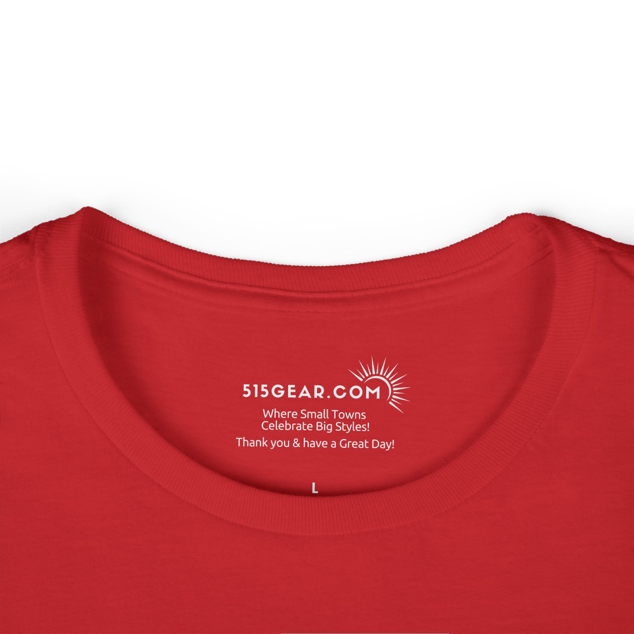 Red shirt with 515Gear.com logo and text on a white background