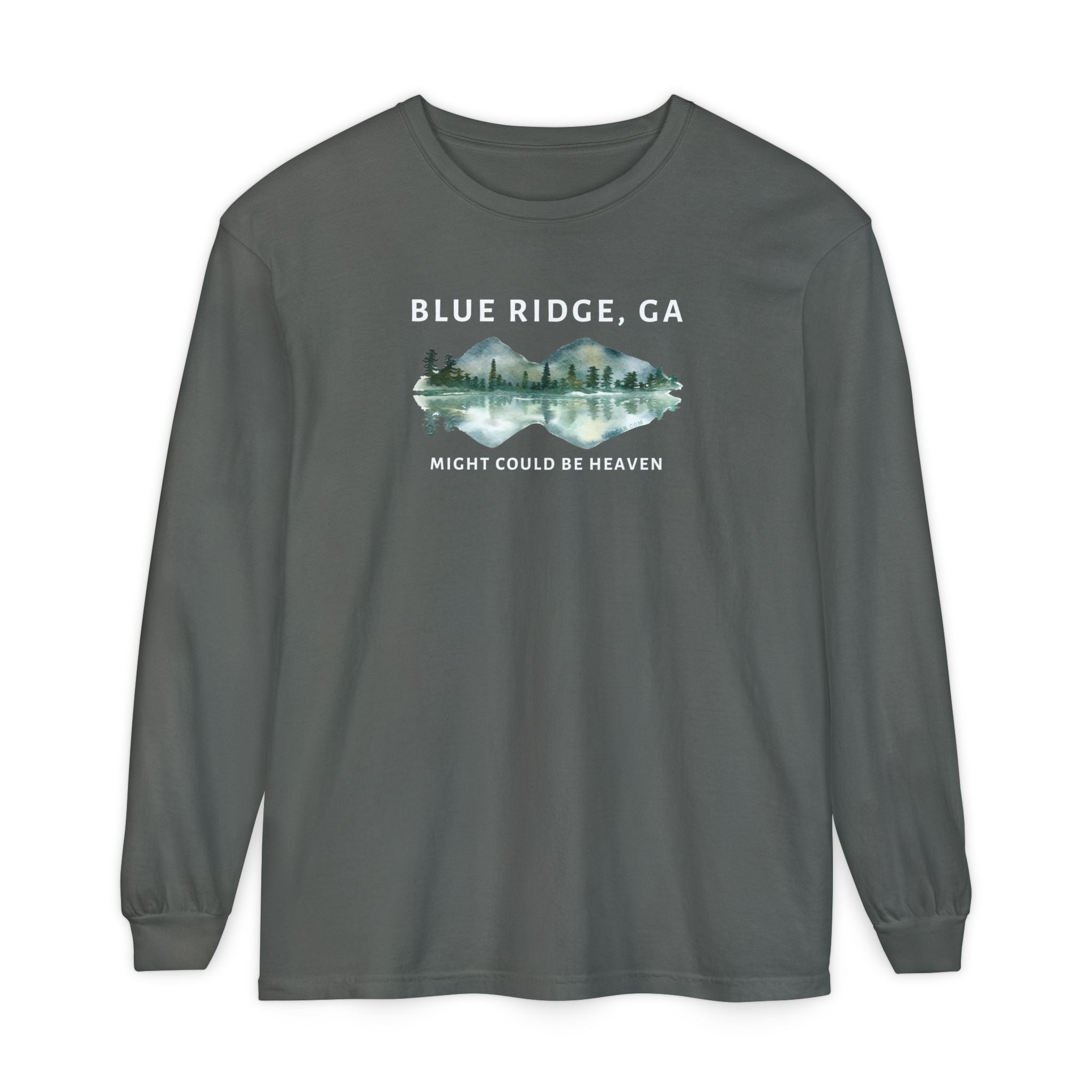 Grey Comfort Colors long-sleeve shirt with 'Blue Ridge, GA - Might Could Be Heaven" text and Mountain & Lake graphic