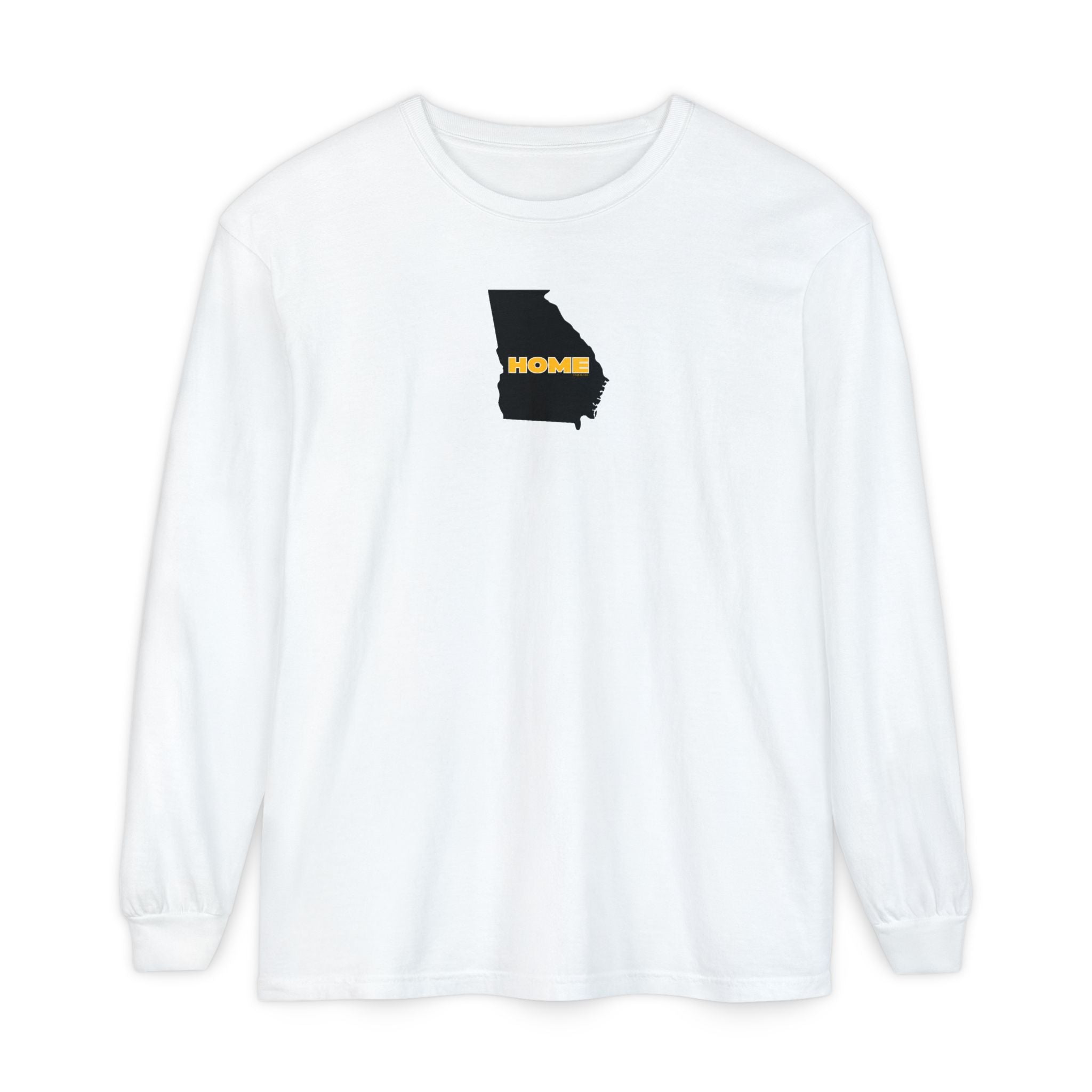 White Comfort Colors unisex heavy weight 100% cotton Georgia pride long-sleeve tee in school colors; State of Georgia graphic with text 'HOME'