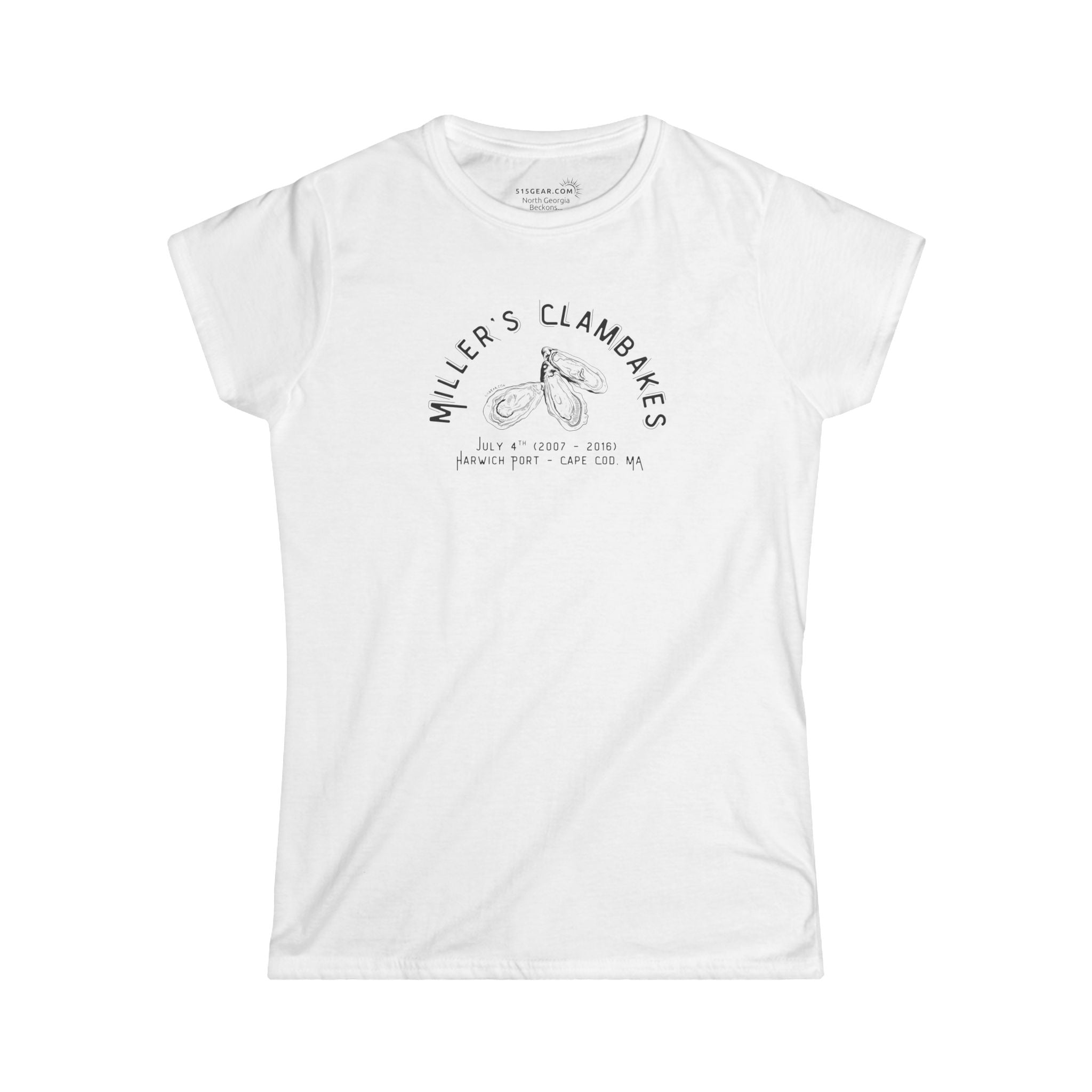 White t-shirt with Oyster shell graphic and text Miller's Clambakes