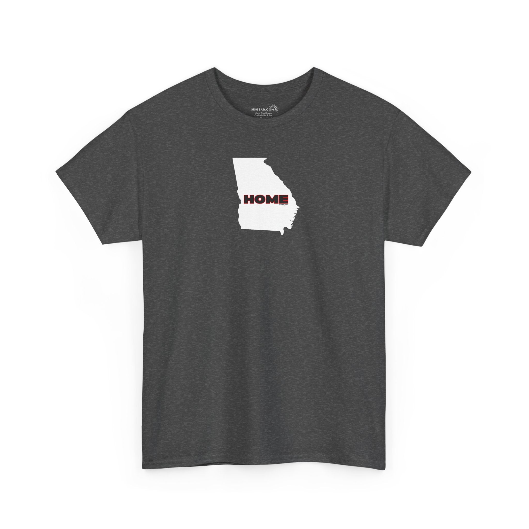 Dark gray unisex short-sleeve Georgia pride tee in school colors; State of Georgia graphic with text 'HOME'