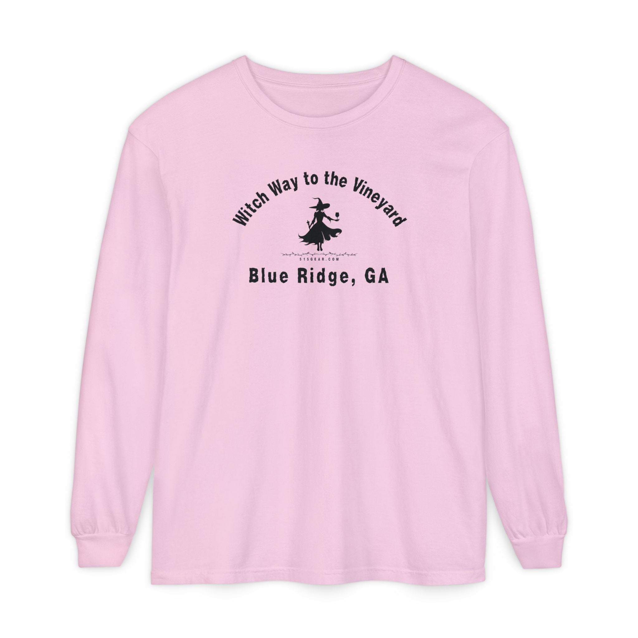 Pink long sleeve t-shirt with sassy witch graphic holding a glass of wine and text "Witch Way to the Vineyard - Blue Ridge GA" by 515Gear.com