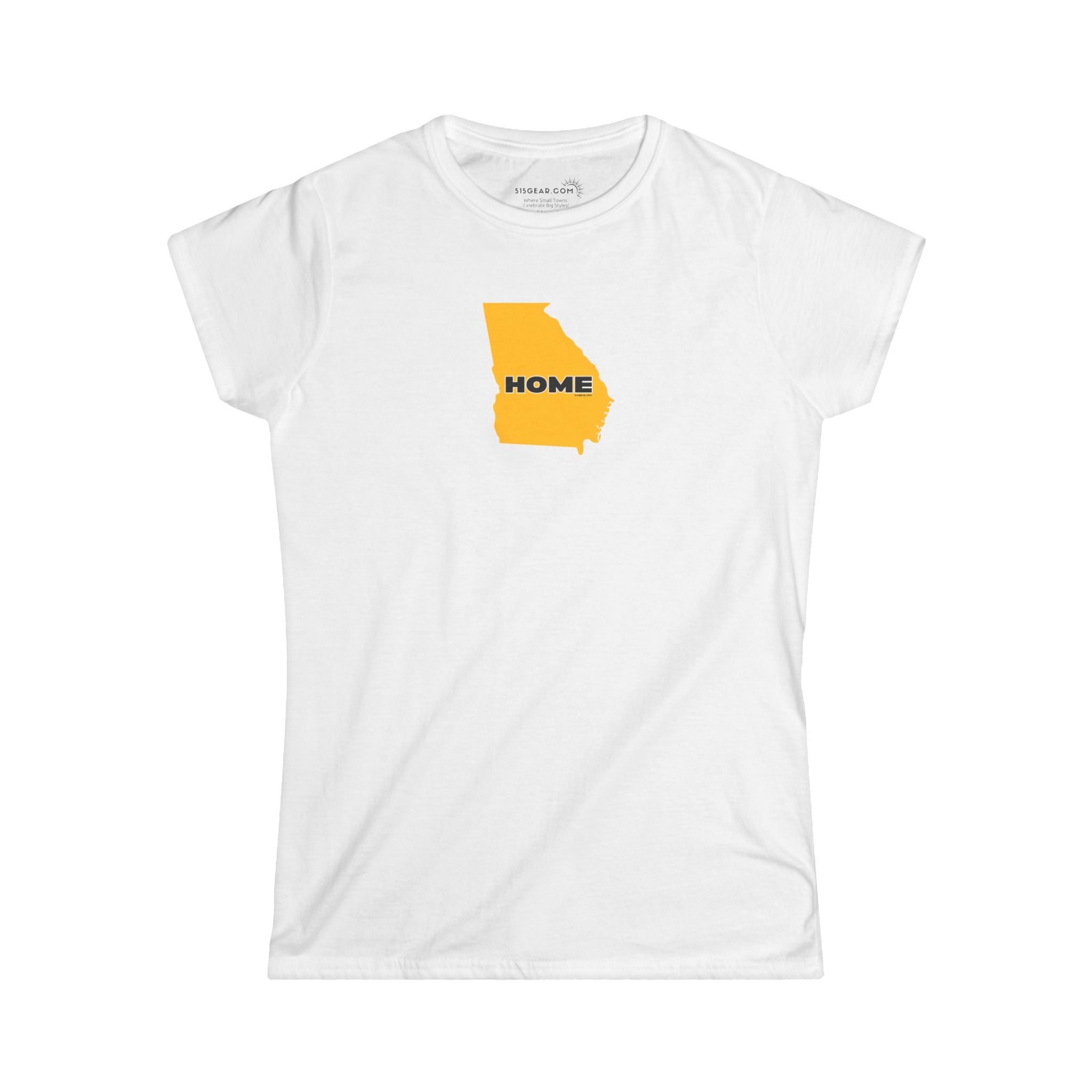 White Women's Semi-fitted v-neck Tee with tear-away label; 100% cotton with State of Georgia graphic and text "Home" in kennesaw state university colors