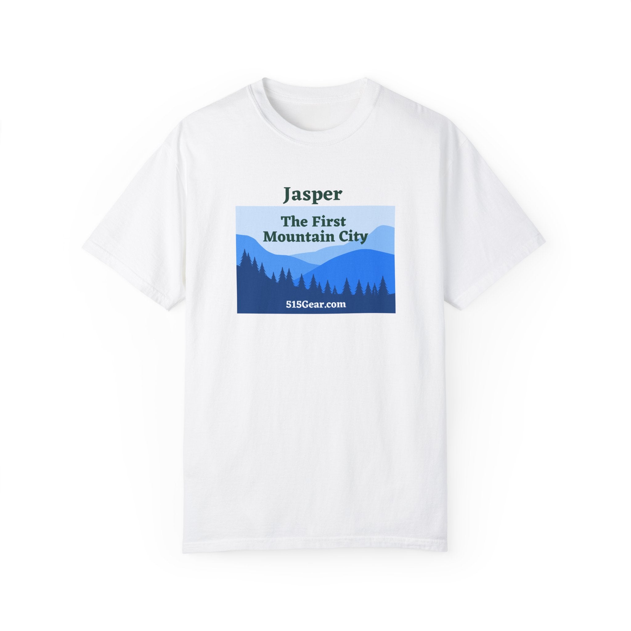 Jasper, GA First Mountain City, blue ridge mountains graphic, Unisex Garment-Dyed adult T-shirt by 515Gear.com