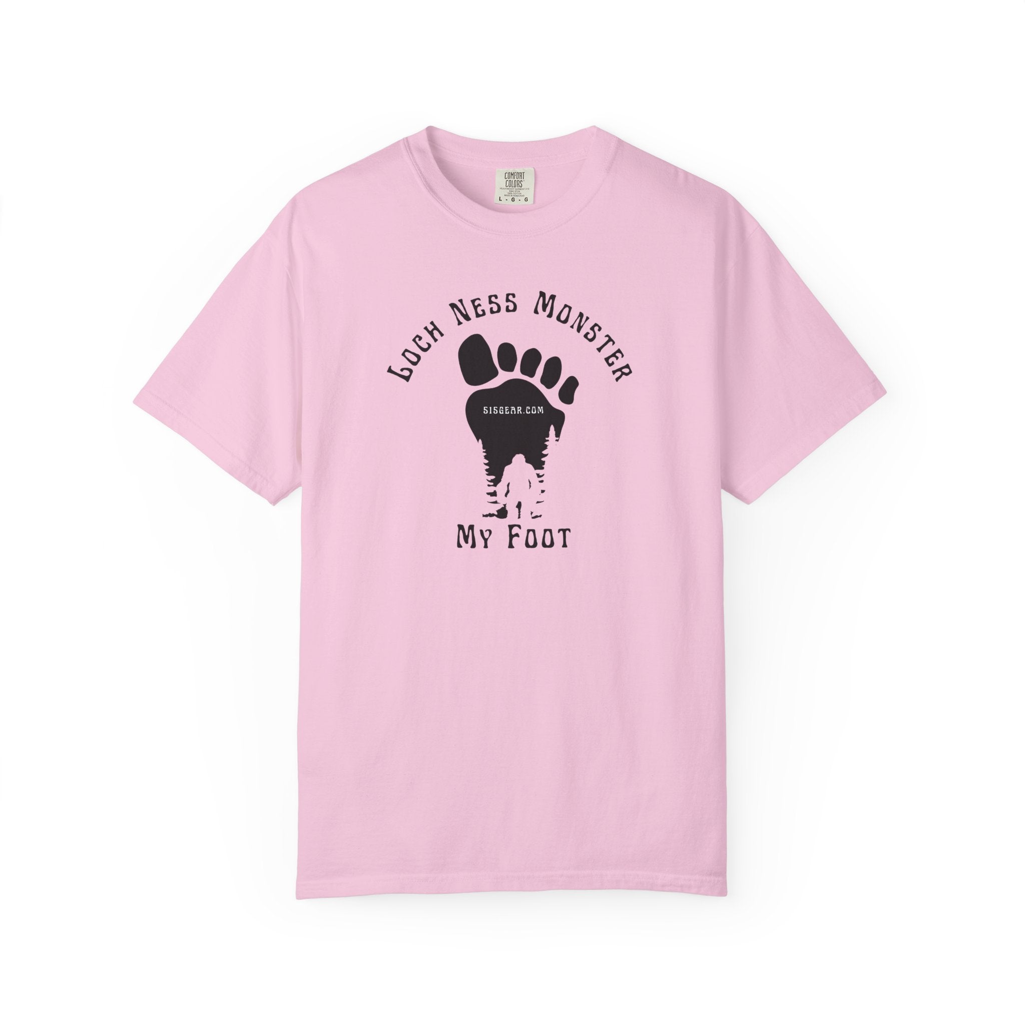 Comfort Colors pink t-shirt with black graphic of a foot with Big Foot inside and text "Loch Ness Monster My Foot" by 515Gear.com