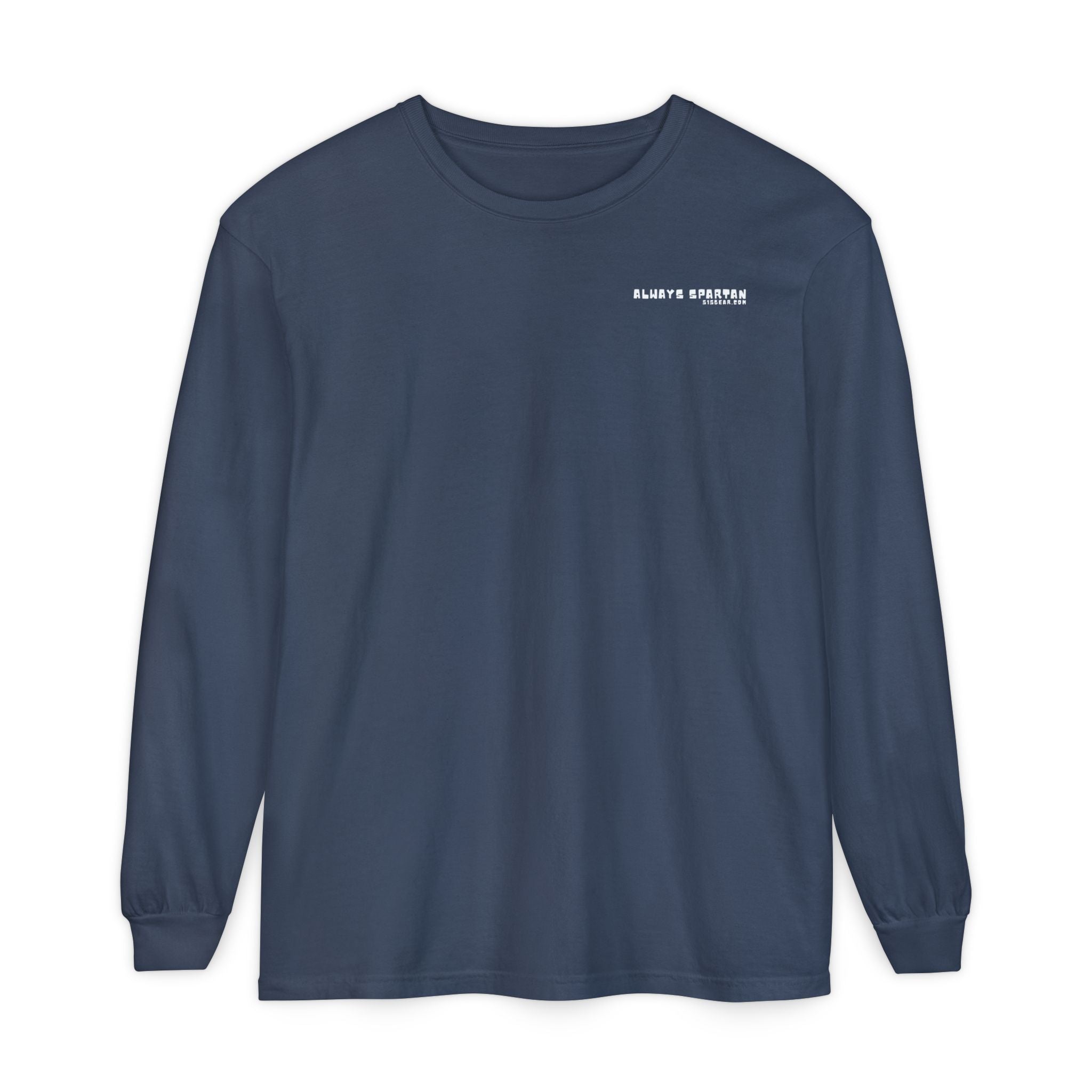 Navy long-sleeve shirt with cartoon Sparty peeing and text Always Spartan