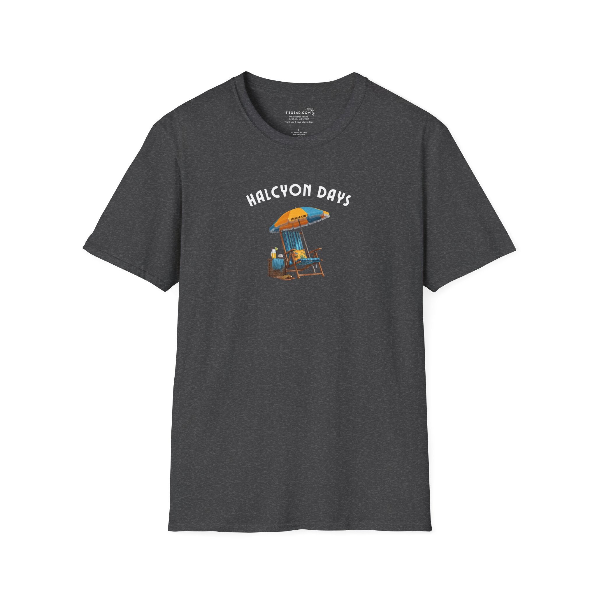 Gray unisex t-shirt with text "Halcyon Days" and beach chair with umbrella graphic