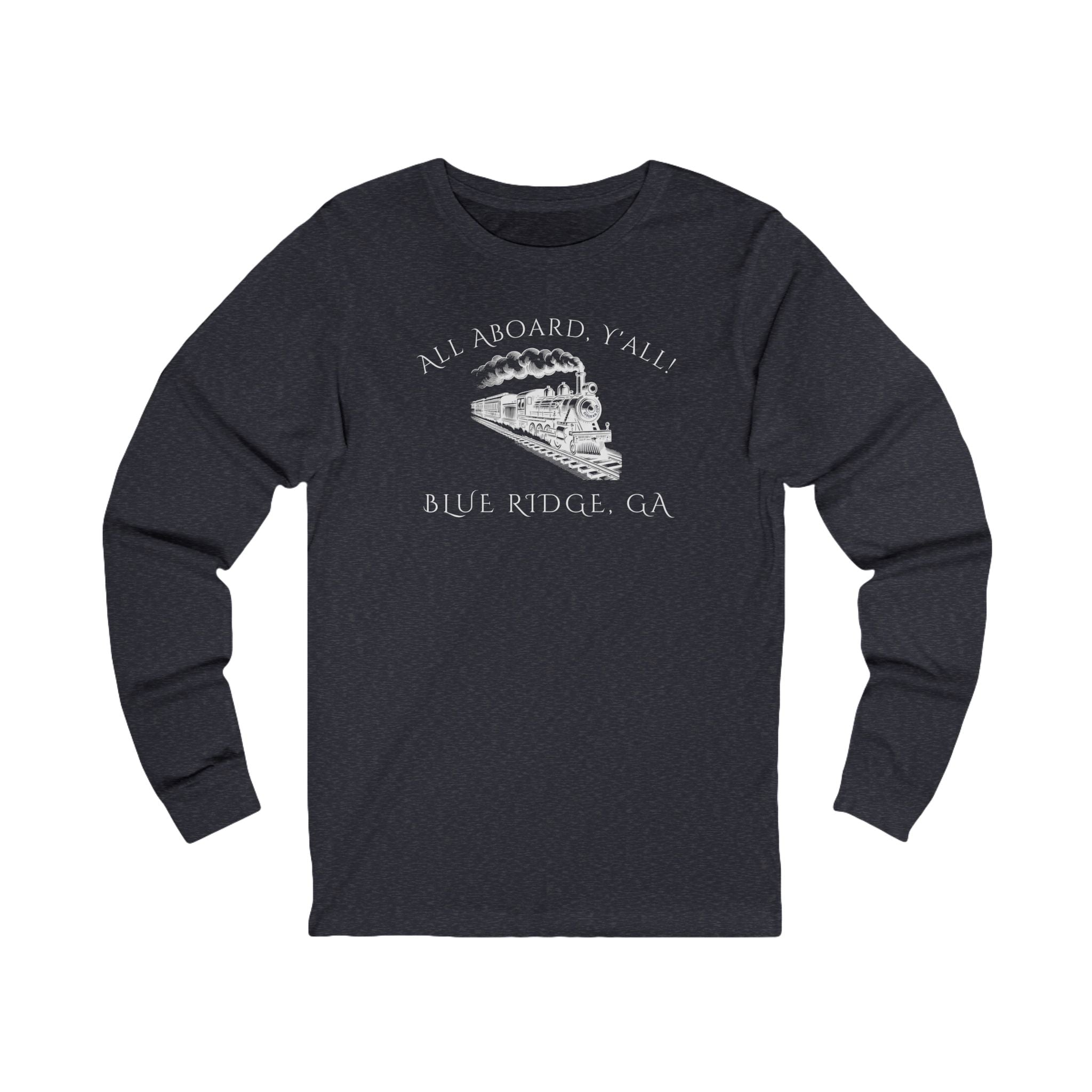 Navy long-sleeve shirt with train graphic and text "All Aboard, Y'all - Blue Ridge, GA"