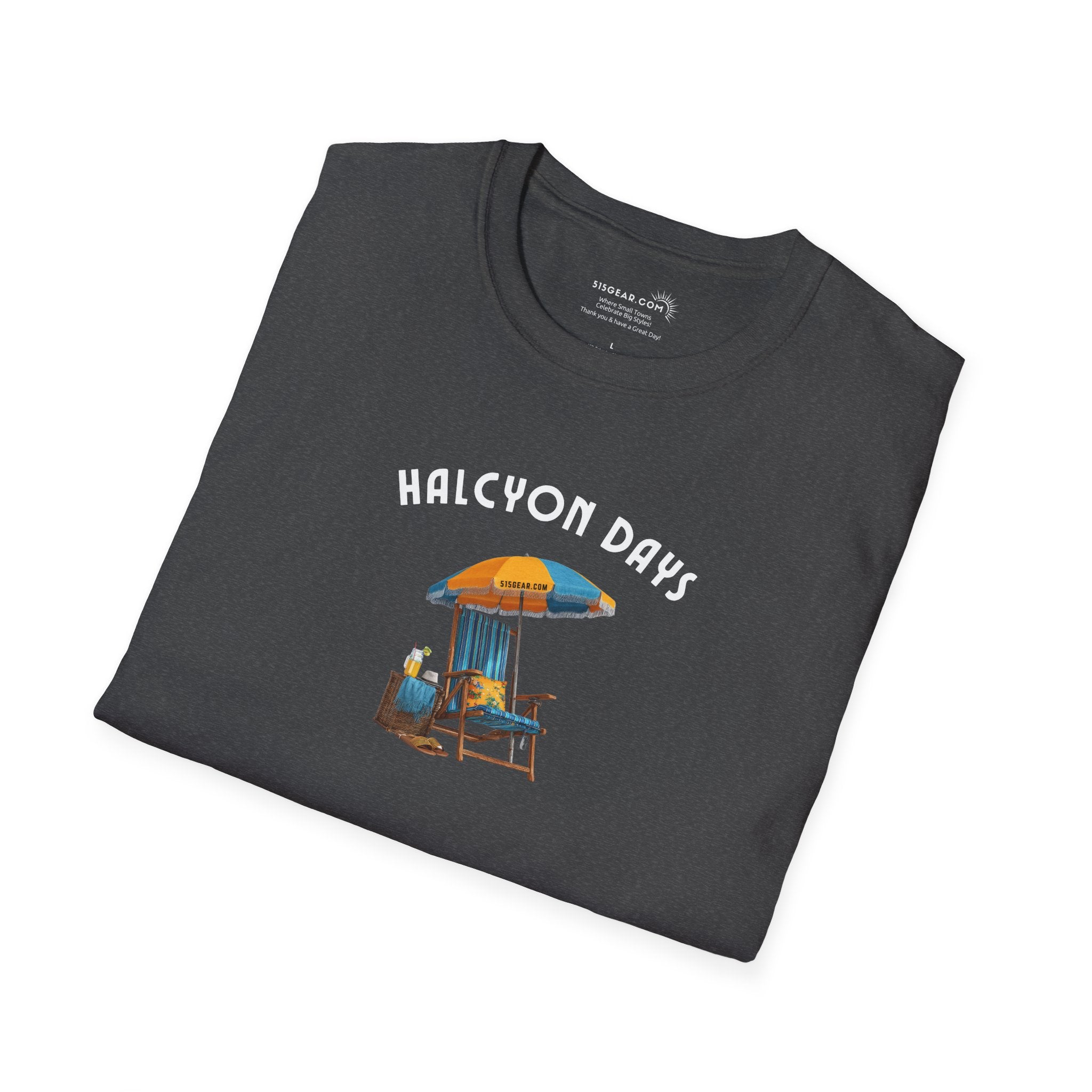 Folded black t-shirt with 'Halcyon Days' graphic design on a white background