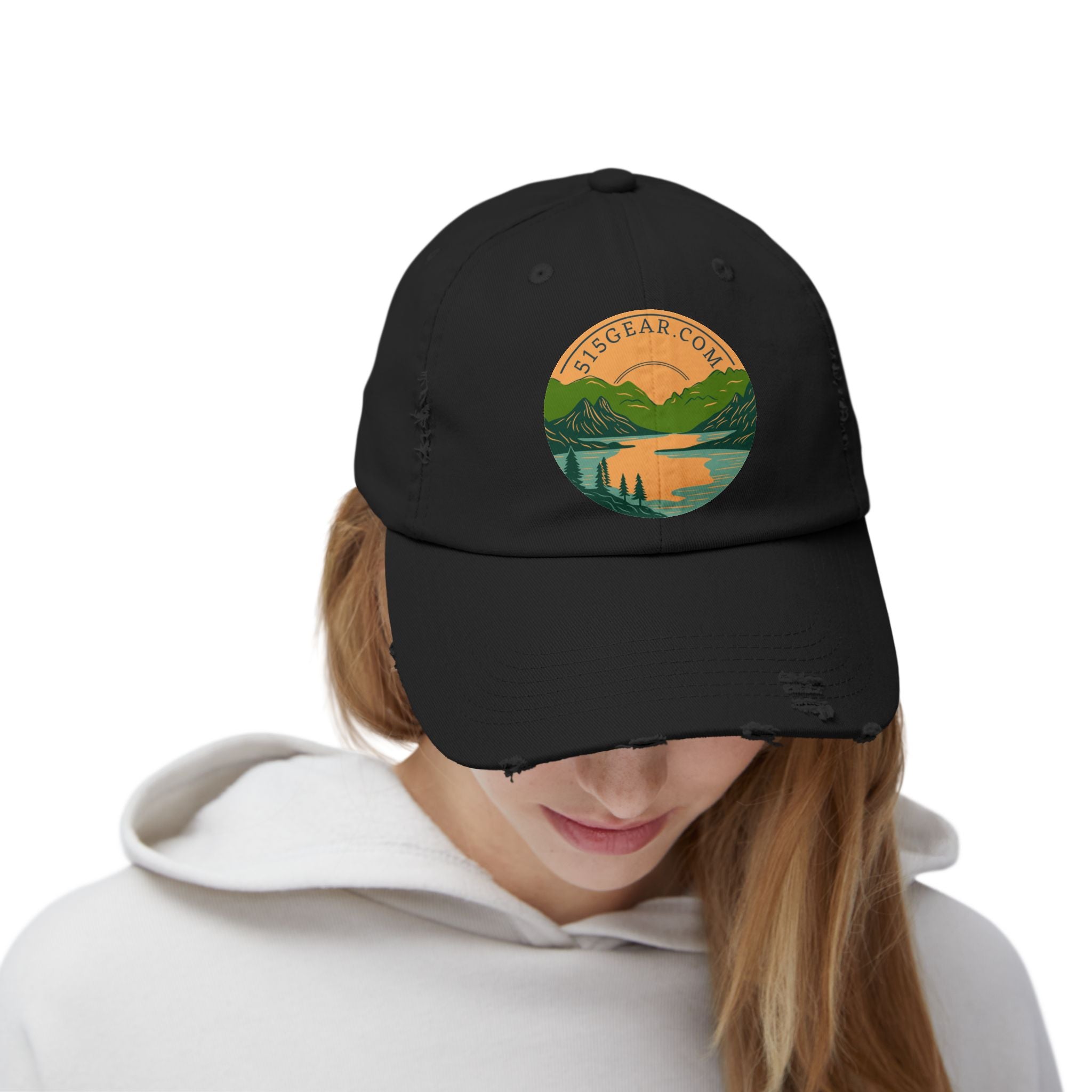 Distressed Baseball cap, 515 Gear Adventure Awaits Logo | by 515Gear.com | Come sit by the lake!