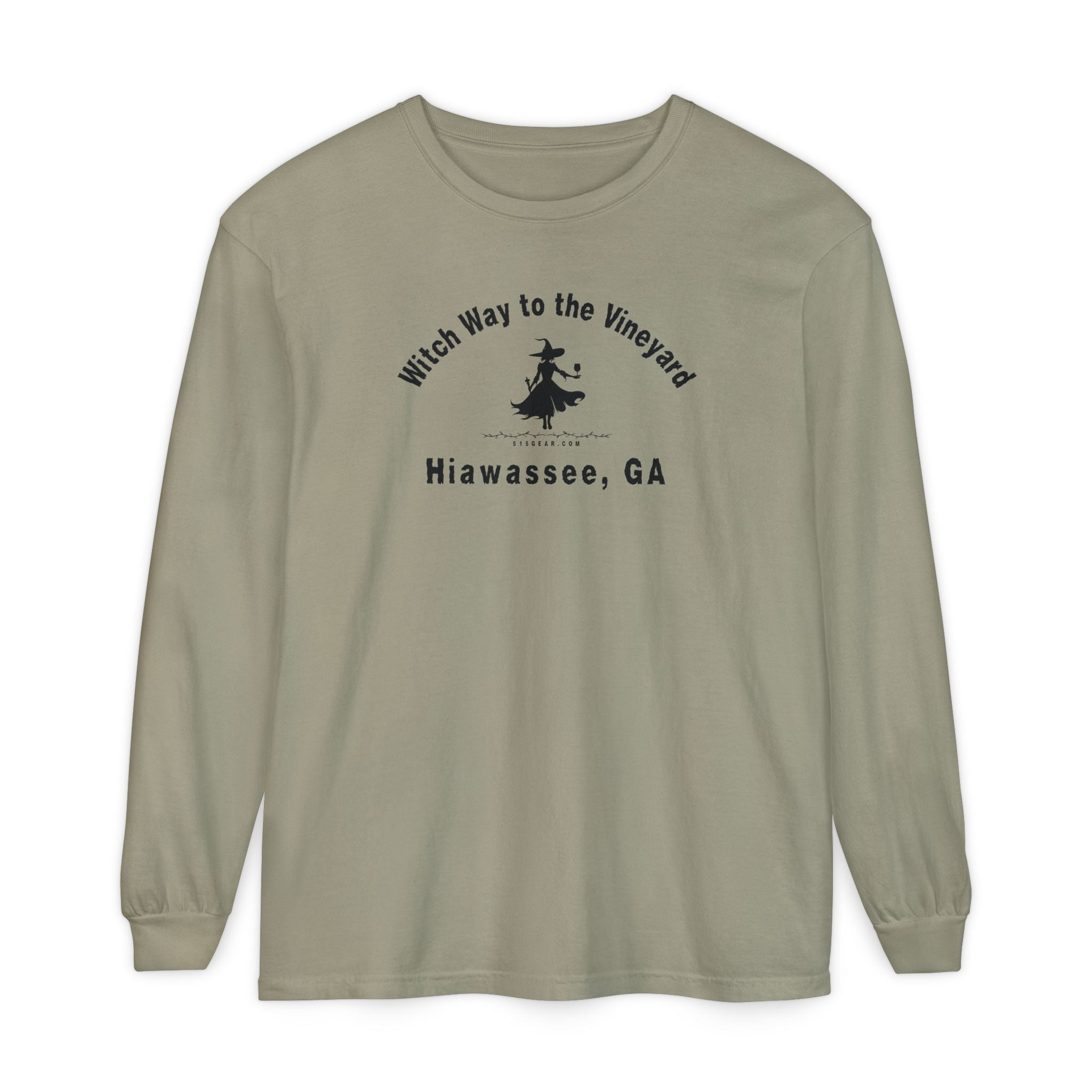 Olive unisex long sleeve t-shirt with sassy witch graphic holding a glass of wine and text "Witch Way to the Vineyard - Hiawassee GA" by 515Gear.com