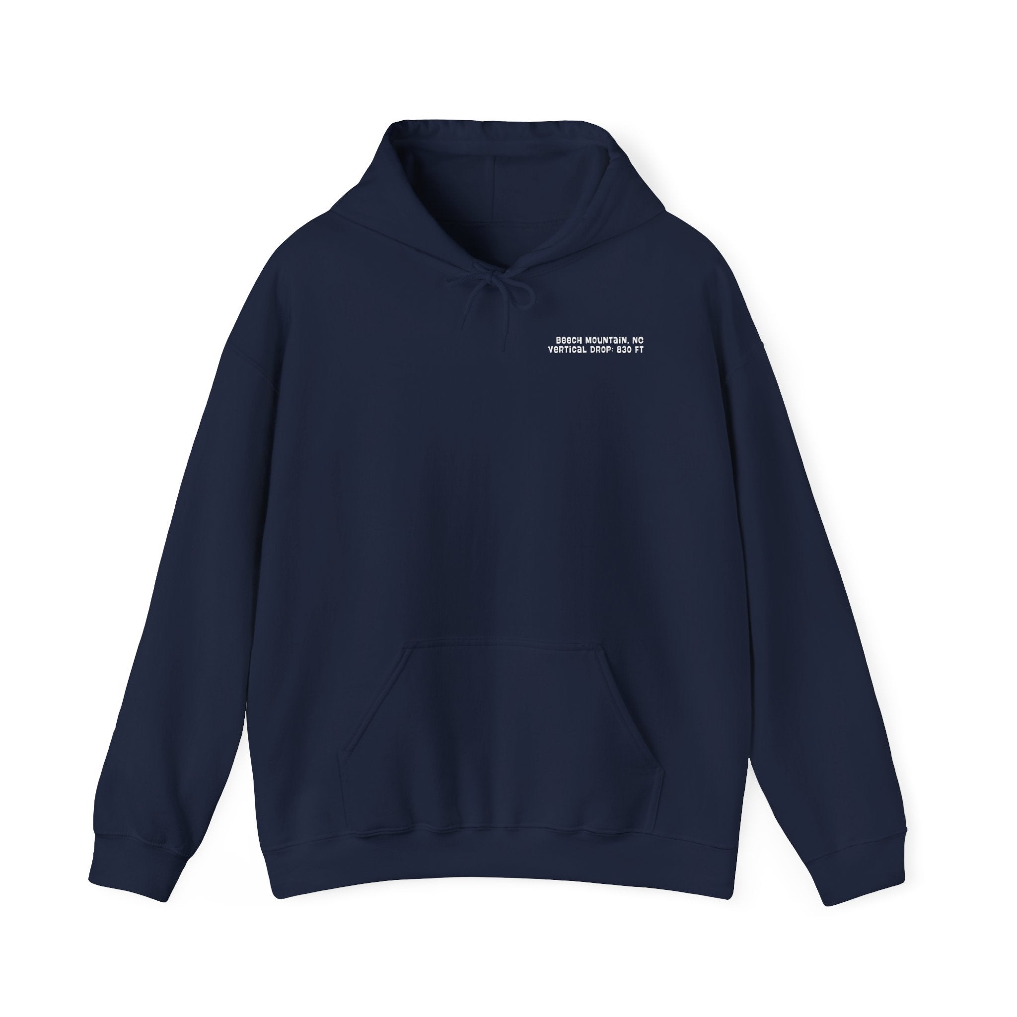 Navy blue hoodie with text on the chest "Beech Mountain, NC Vertical Drop 830 Ft"