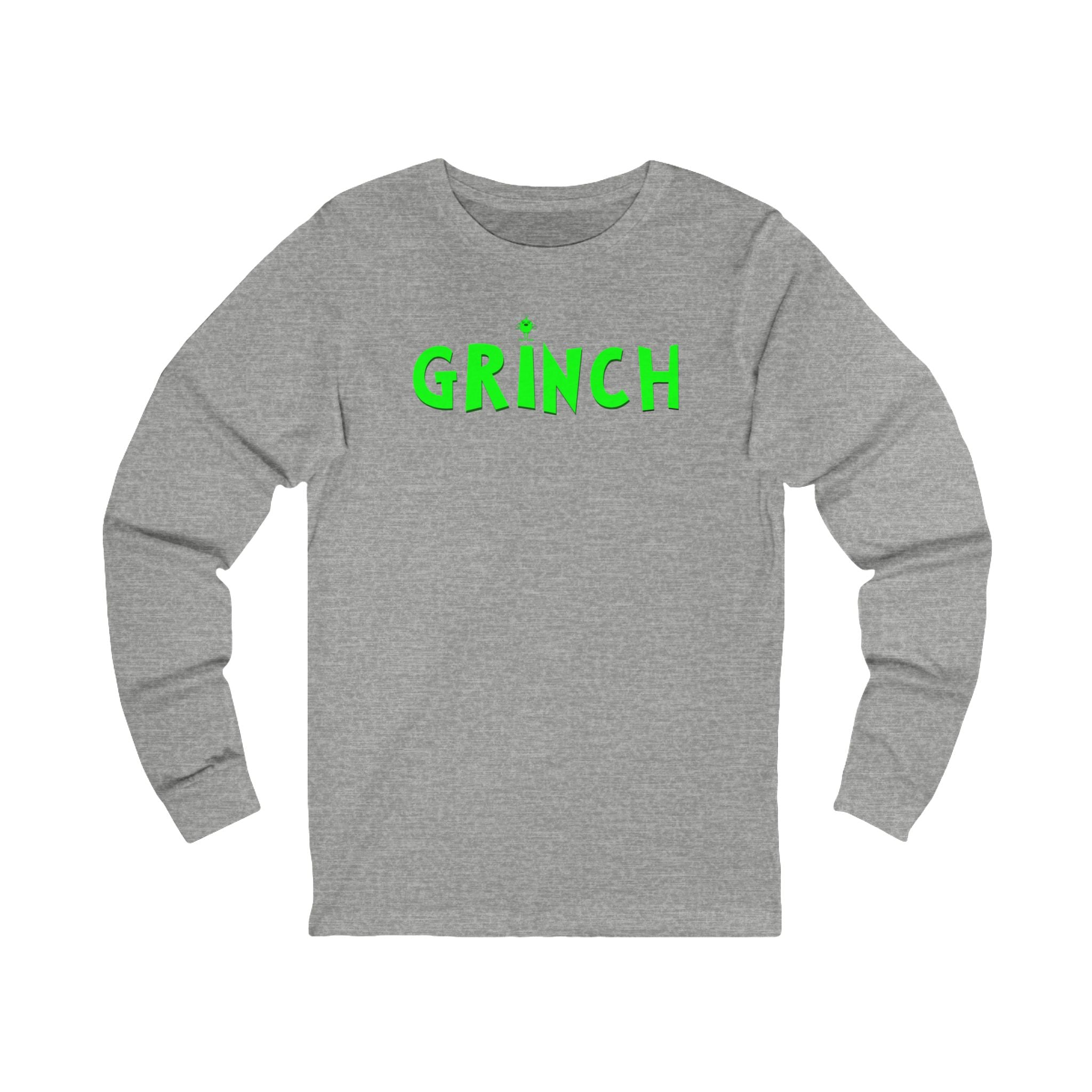 Gray long-sleeve shirt with 'Grinch' text in green on a white background