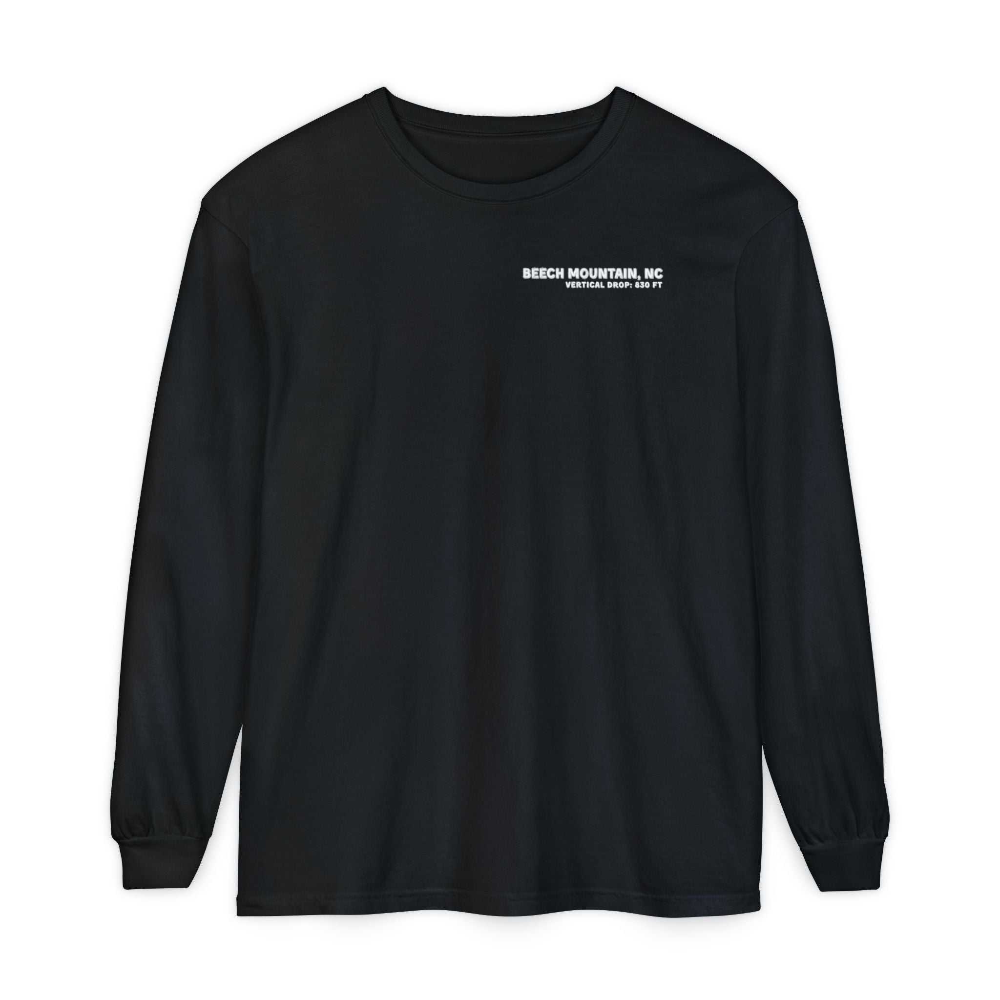 Black long-sleeve Comfort Color t-shirt with text Beech Mountain NC Vertical Drop 830 ft