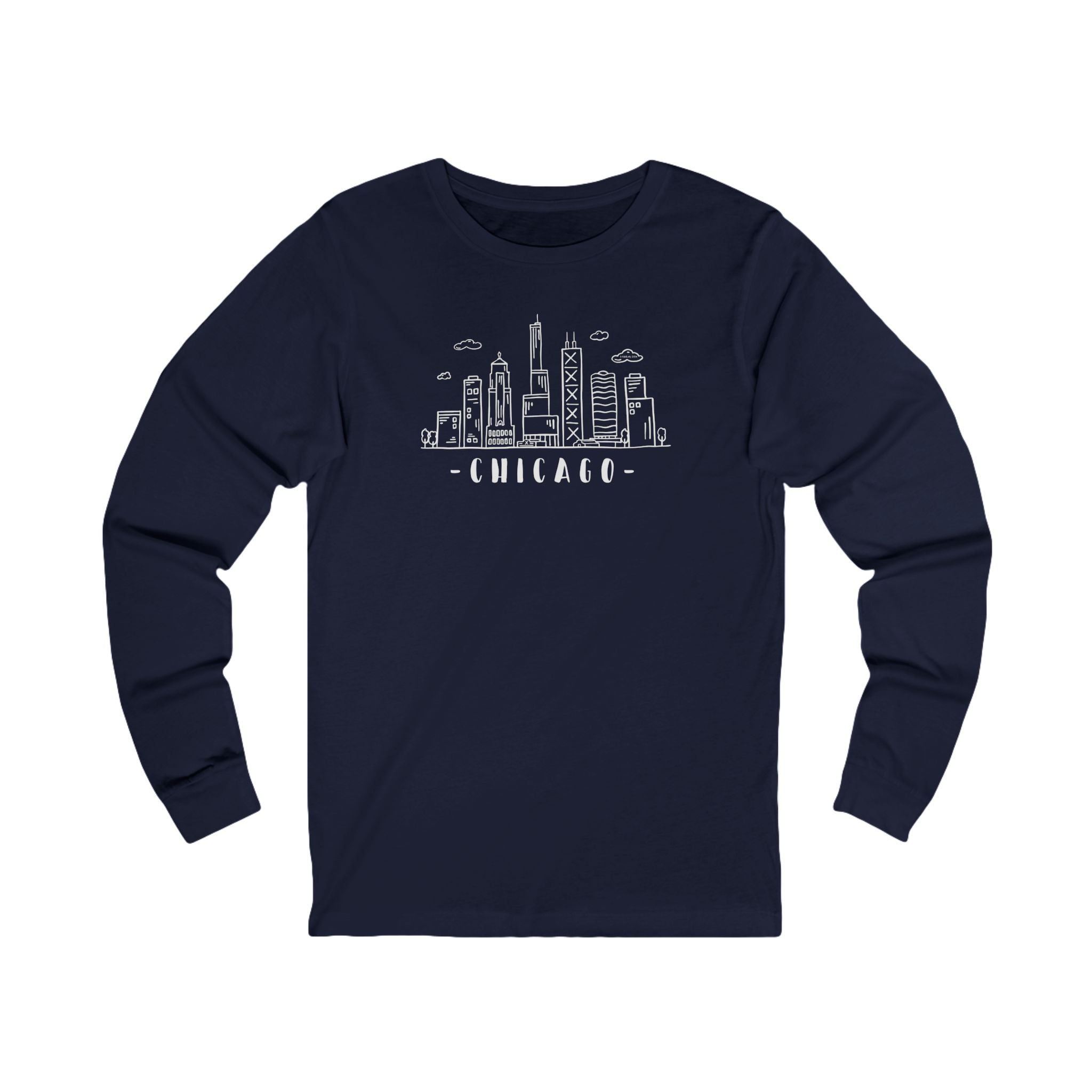 Navy blue long-sleeve shirt with Chicago skyline graphic and text "Chicago"