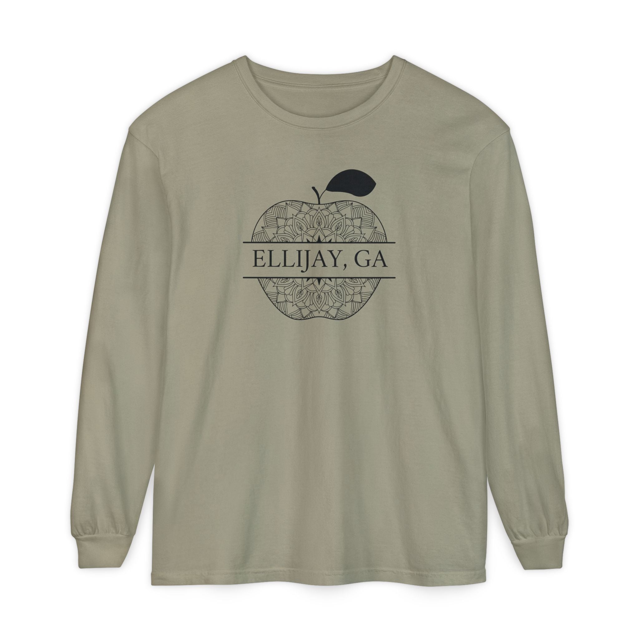 Olive Comfort Color long sleeve t-shirt with an apple design and 'Eliijay, GA' text