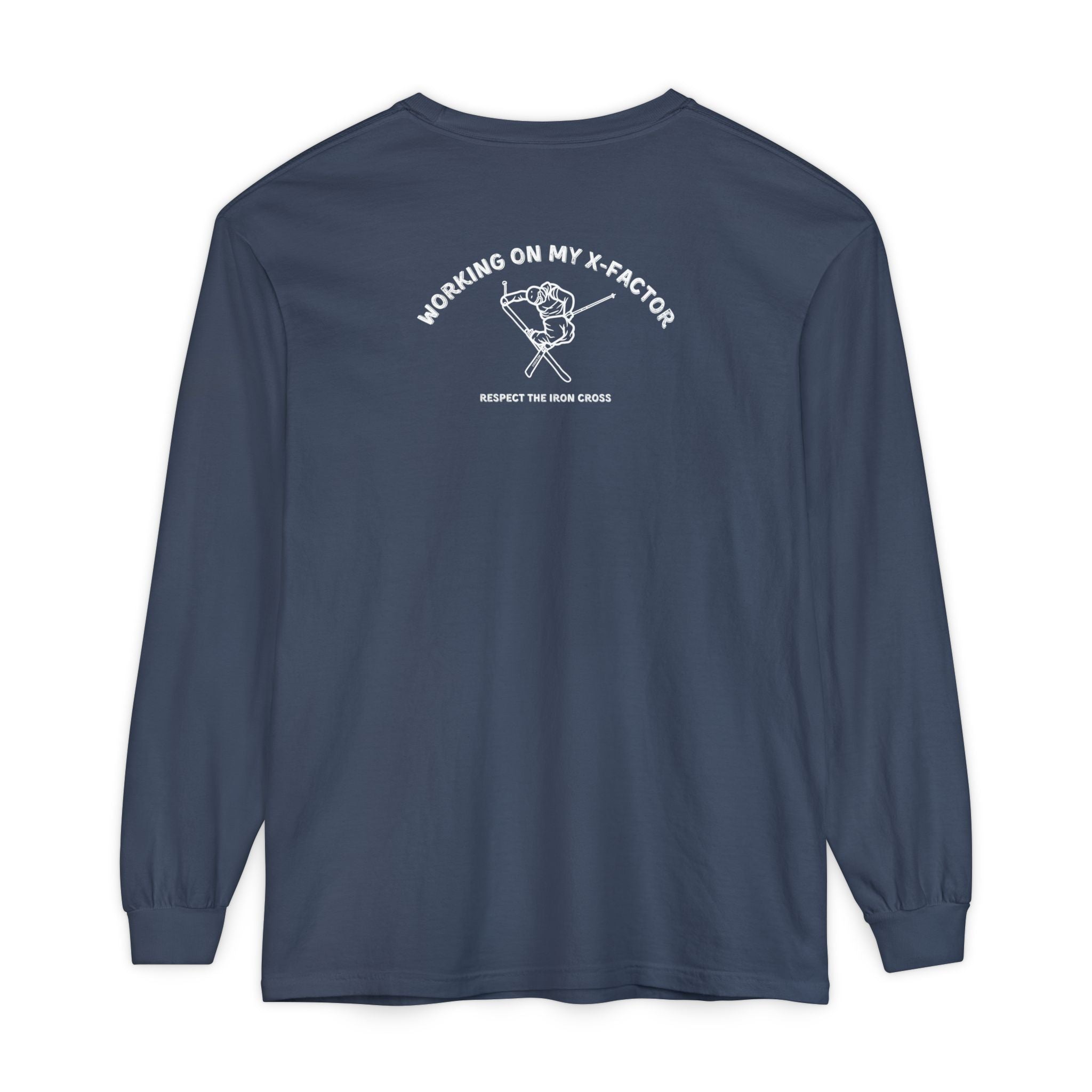 Navy long-sleeve unisex Comfort Color t-shirt with ski jump graphic and text Working on my X-Factor Respect the Iron Cross