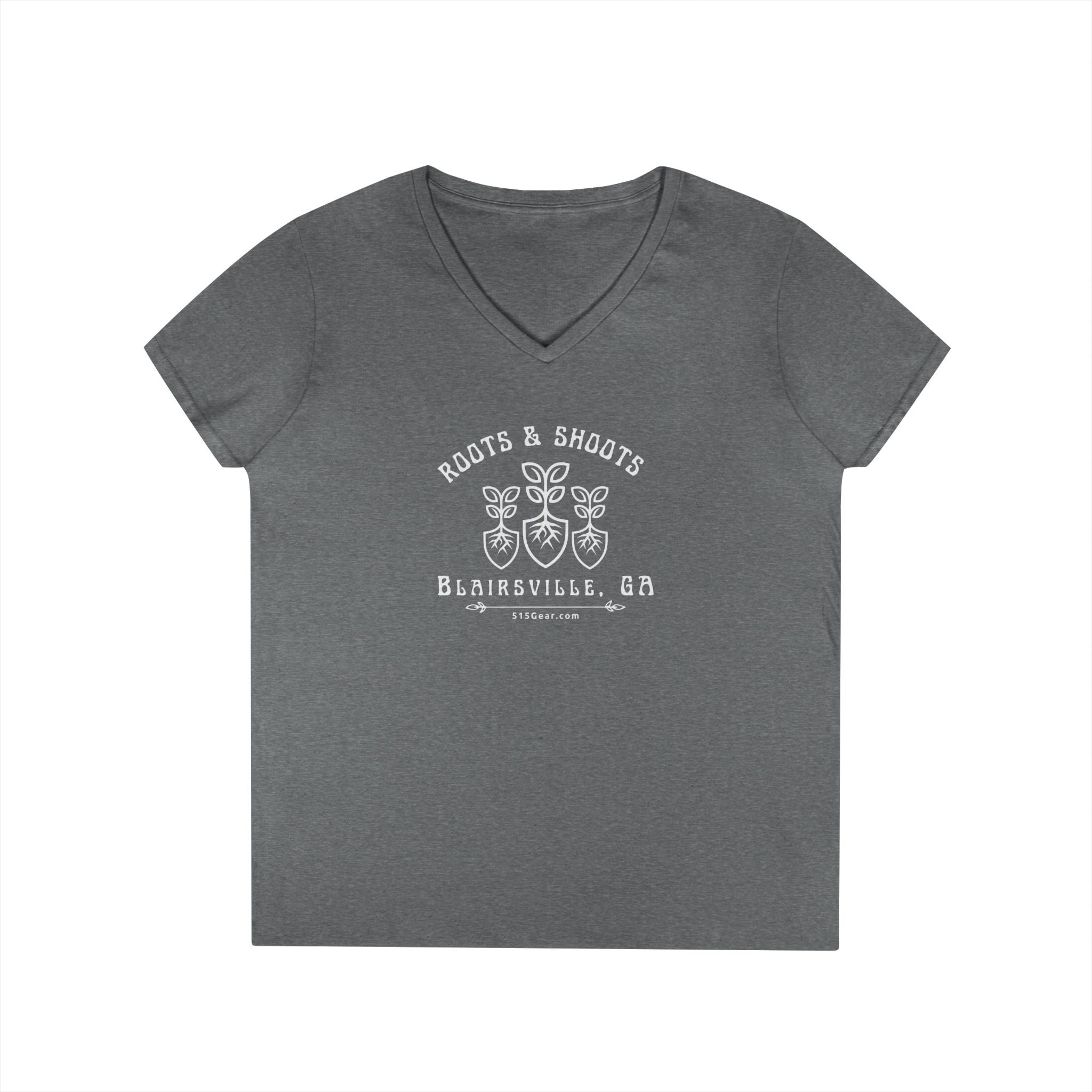 Women’s V-Neck T-shirt, Roots & Shoots, Garden shovel root leaf graphic, 515Gear.com | Blairsville, GA | celebrate gardening