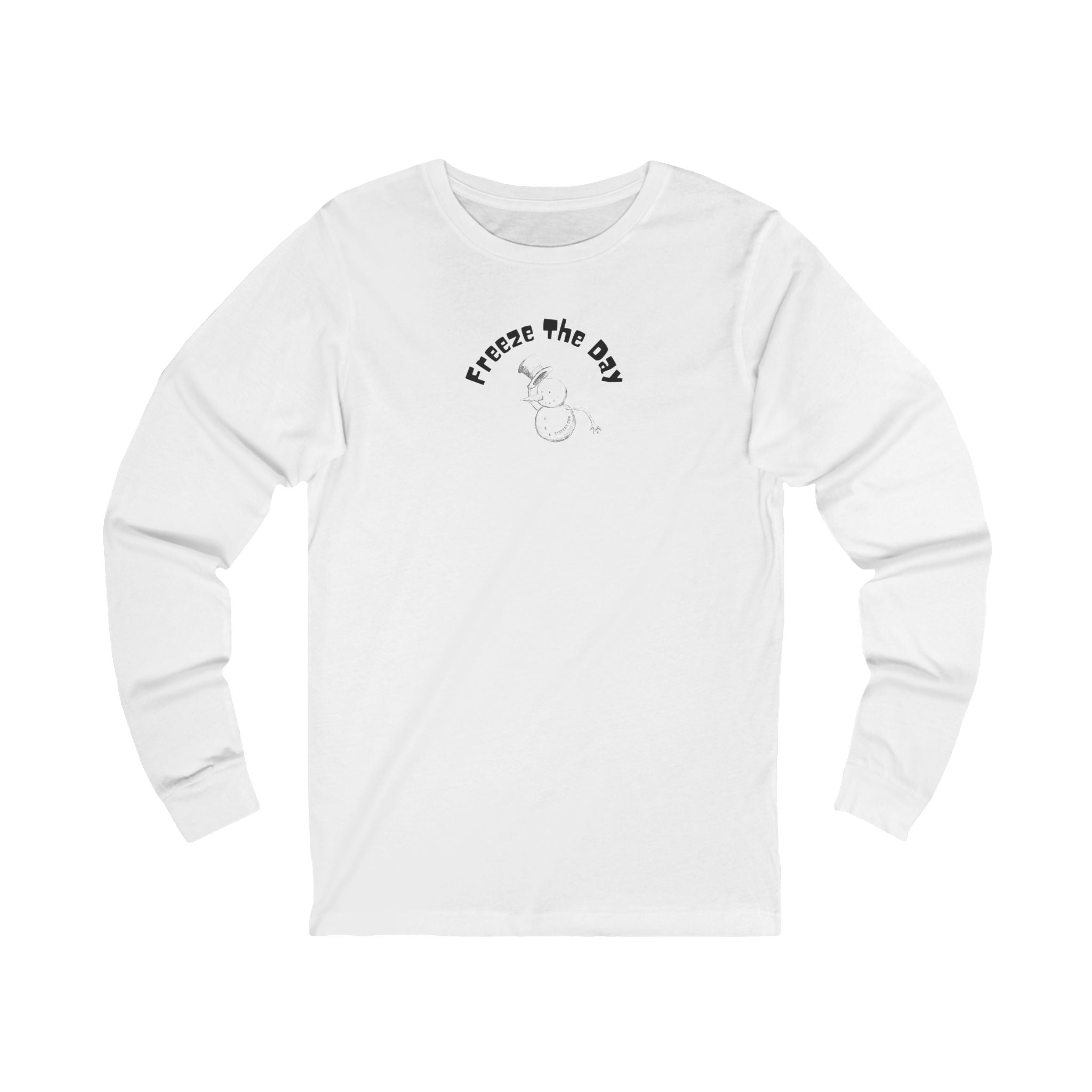 White long-sleeve shirt with a snowman tipping a hat and text "Freeze the Day" by 515Gear.com