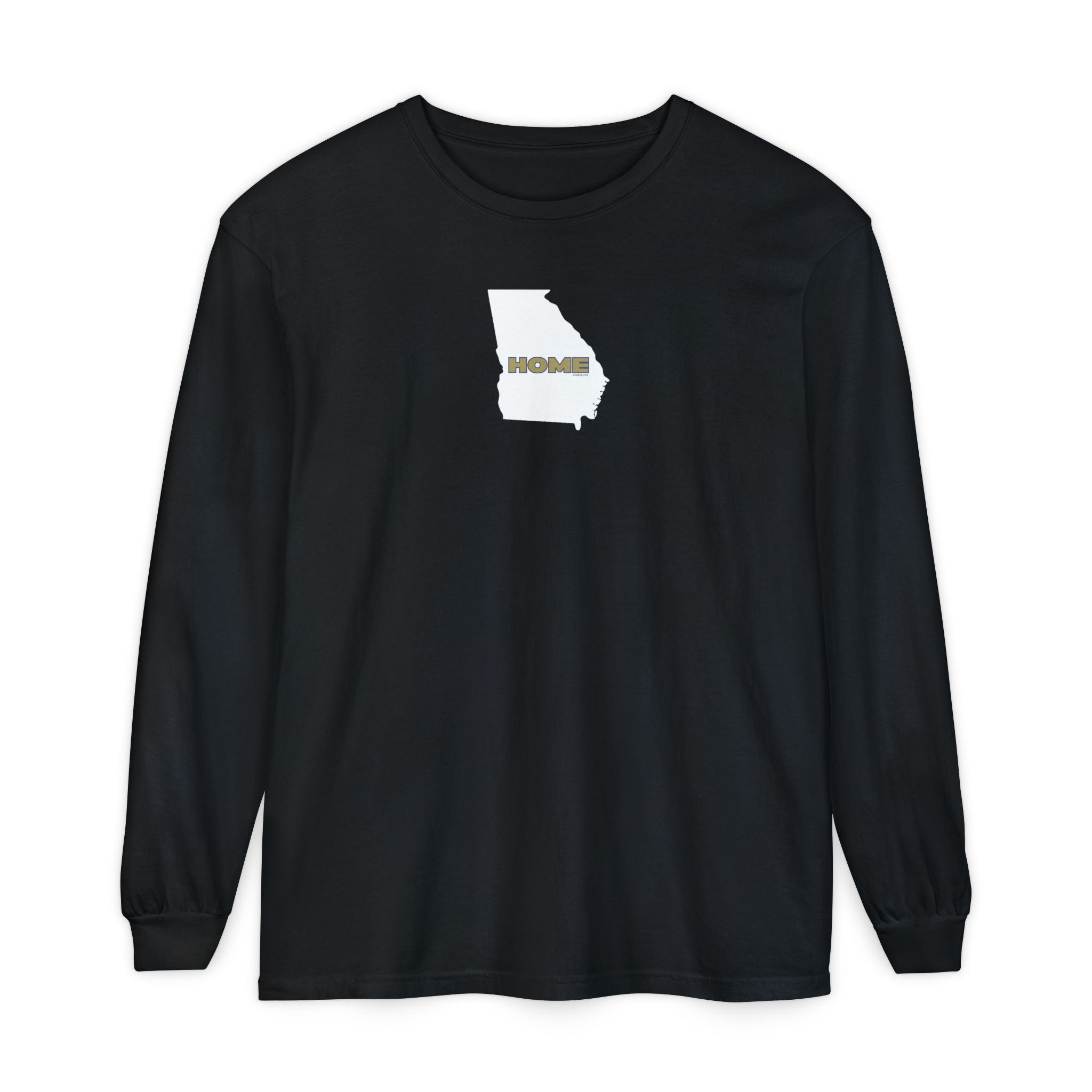 Black Comfort Colors unisex Georgia pride long-sleeve tee in school colors; State of Georgia graphic with text 'HOME'