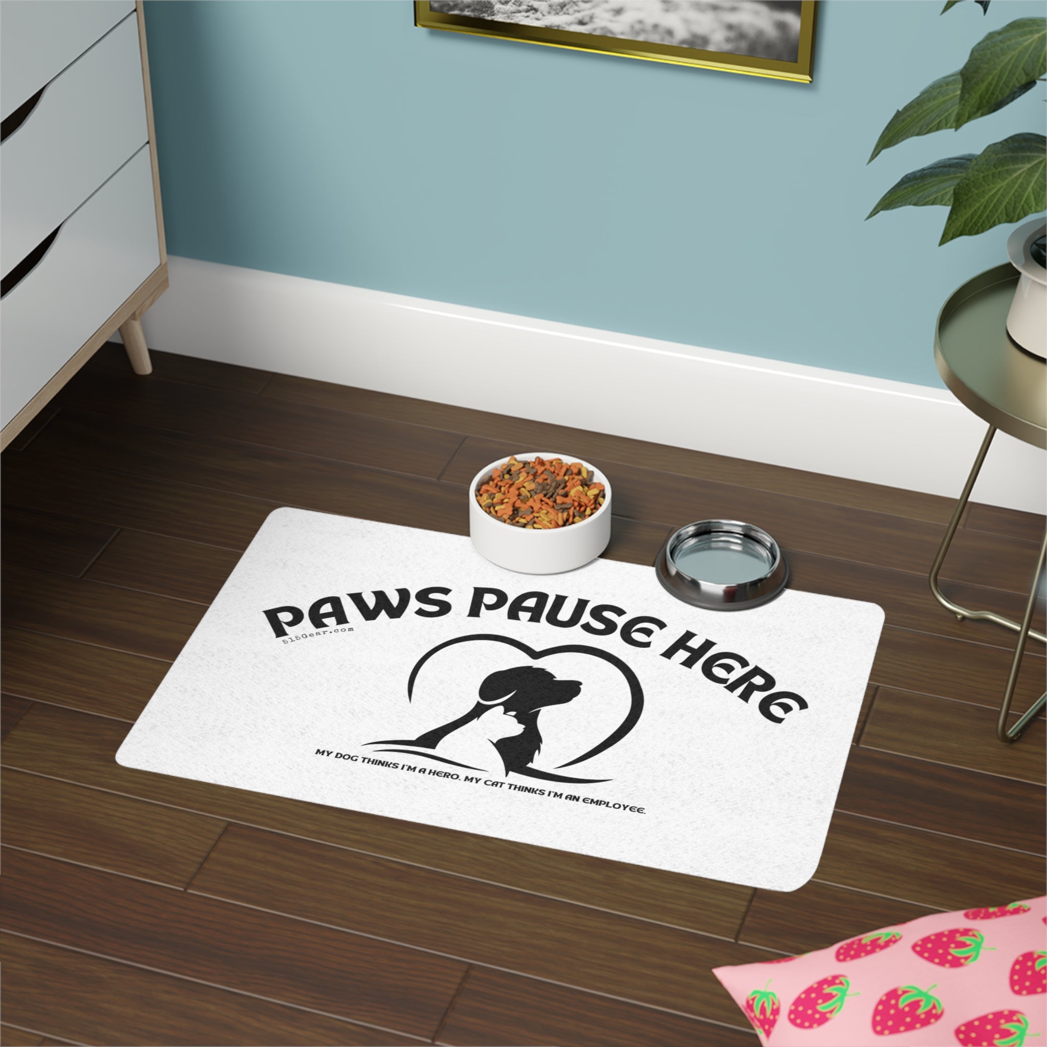 Pet Food Mat — "Paws Pause Here" Non-Slip Feeding Mat (12x18)