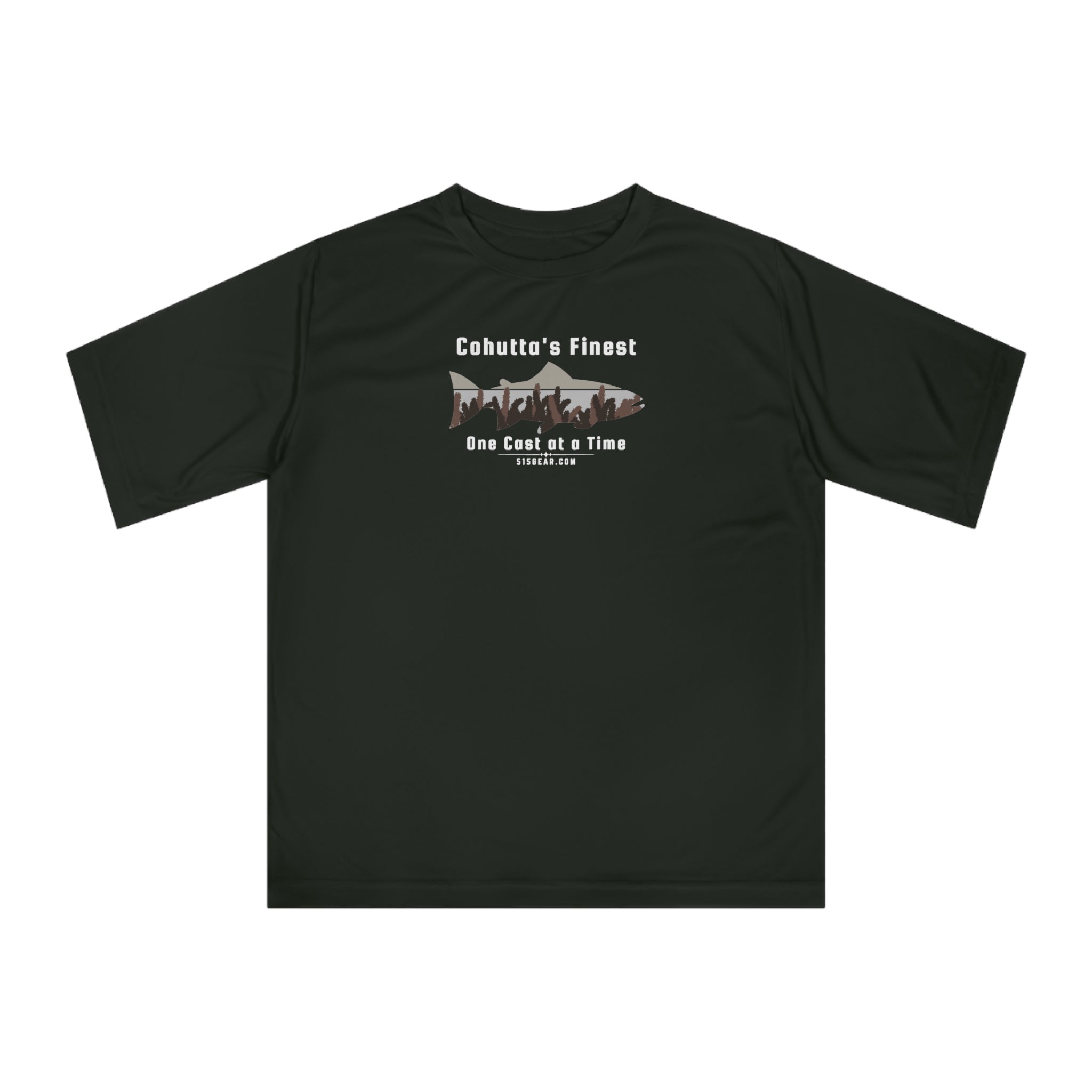 Black performance t-shirt with fishing theme graphic and text 'Cohutta's Finest One Cast at a Time'