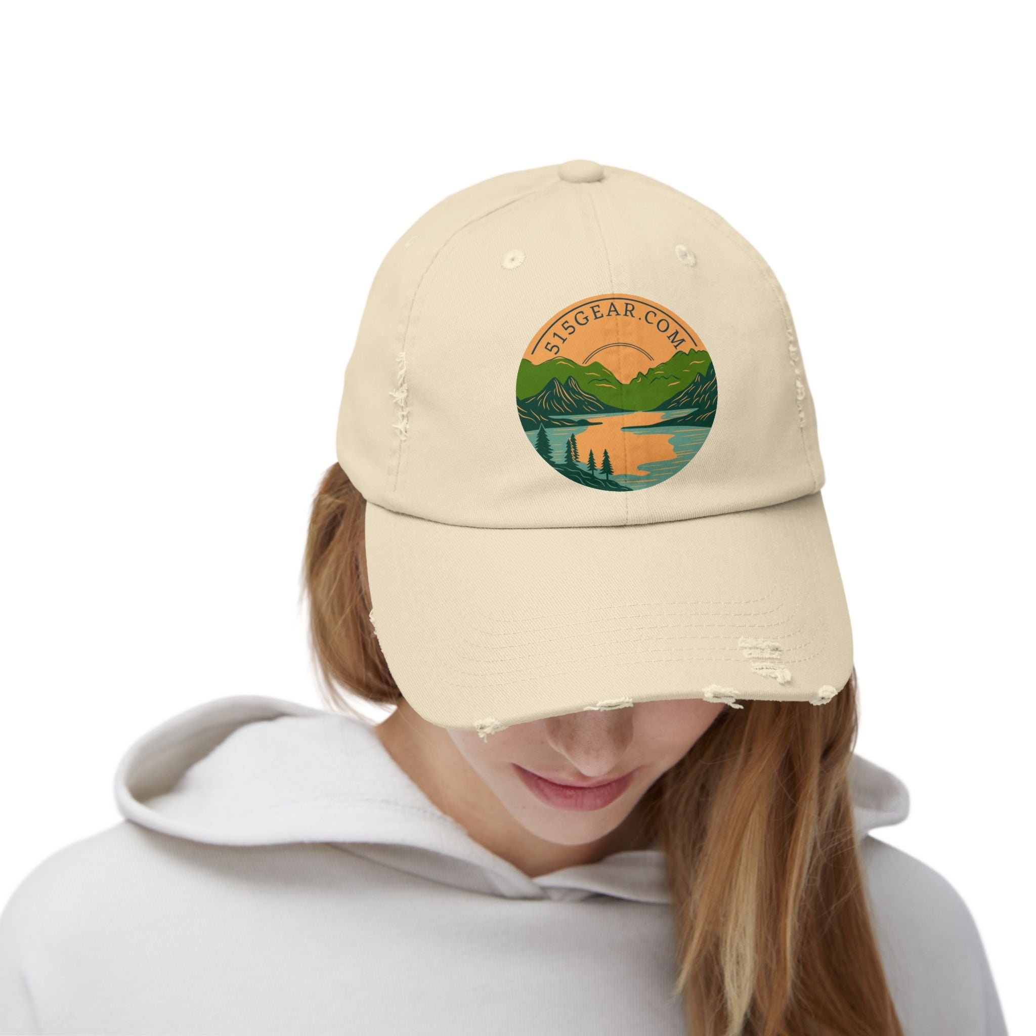Distressed Baseball cap, 515 Gear Adventure Awaits Logo | by 515Gear.com | Come sit by the lake!