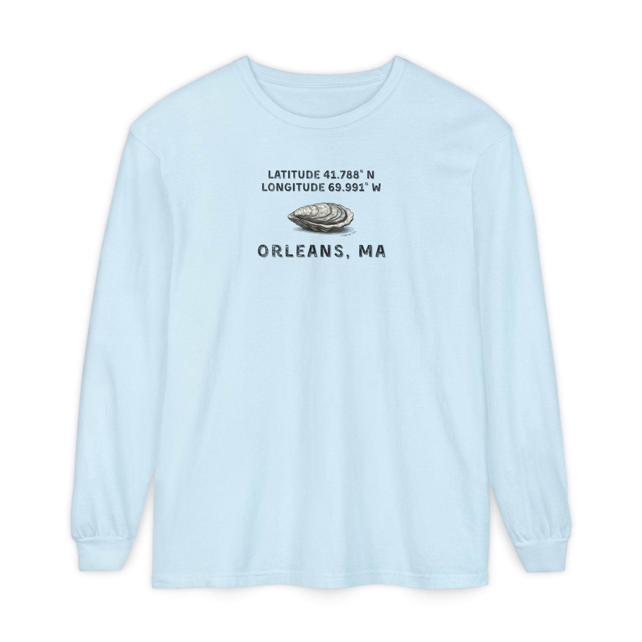 Light blue long-sleeve shirt with Oyster graphic and text "Latitude 41.788 N, Longitude 69.991 Orleans, MA"